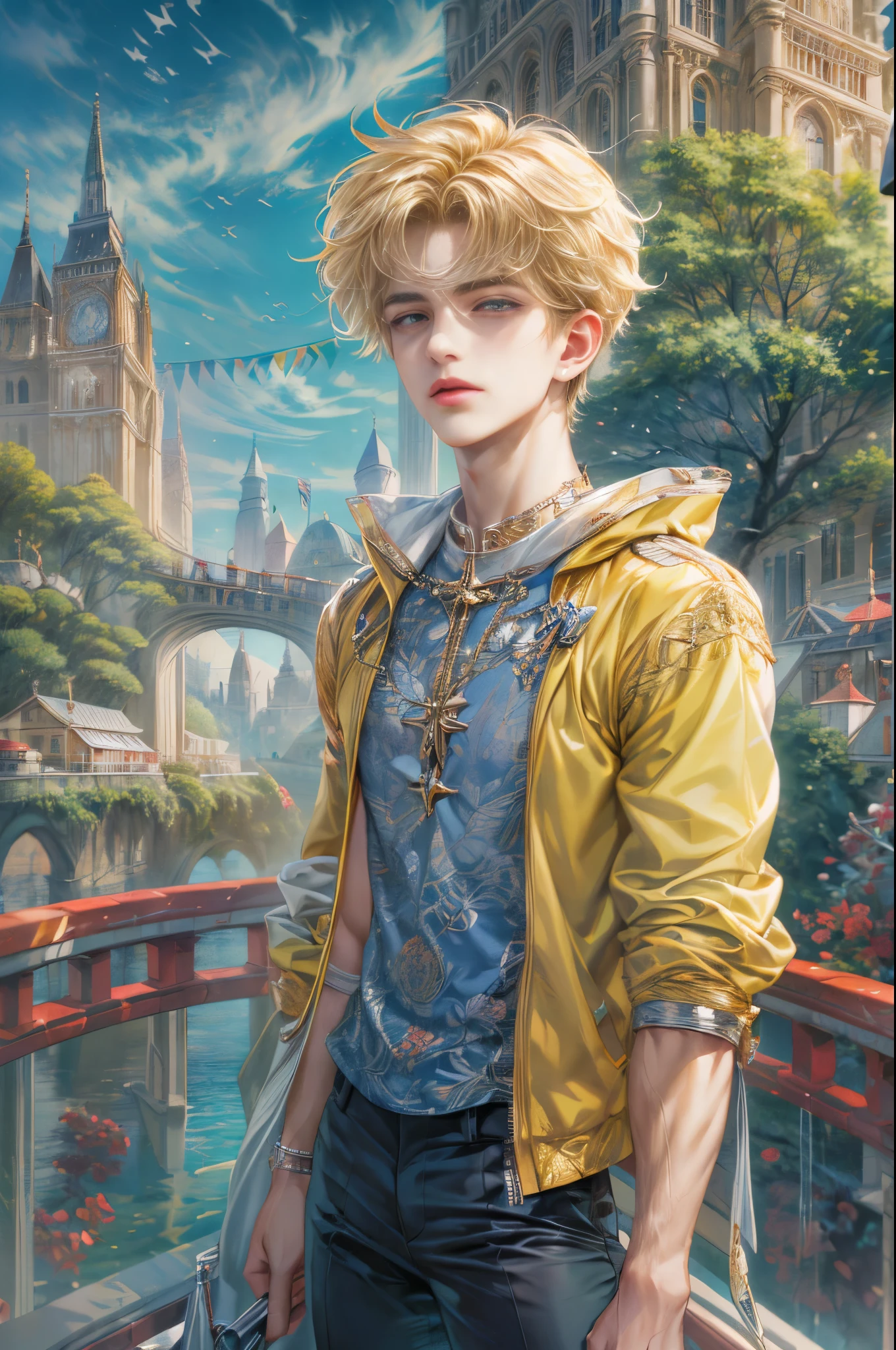 (absurdres, highres, ultra detailed, HDR), masterpiece, Intricate details,best quality picture of a character from Sailor Moon, male version of a character, handsome teen boy with short Hair anime eyes, intricate details on face, casual stylish clothes, in a detailed outside calm city sanctuary scenery, detailed character, art kenouji