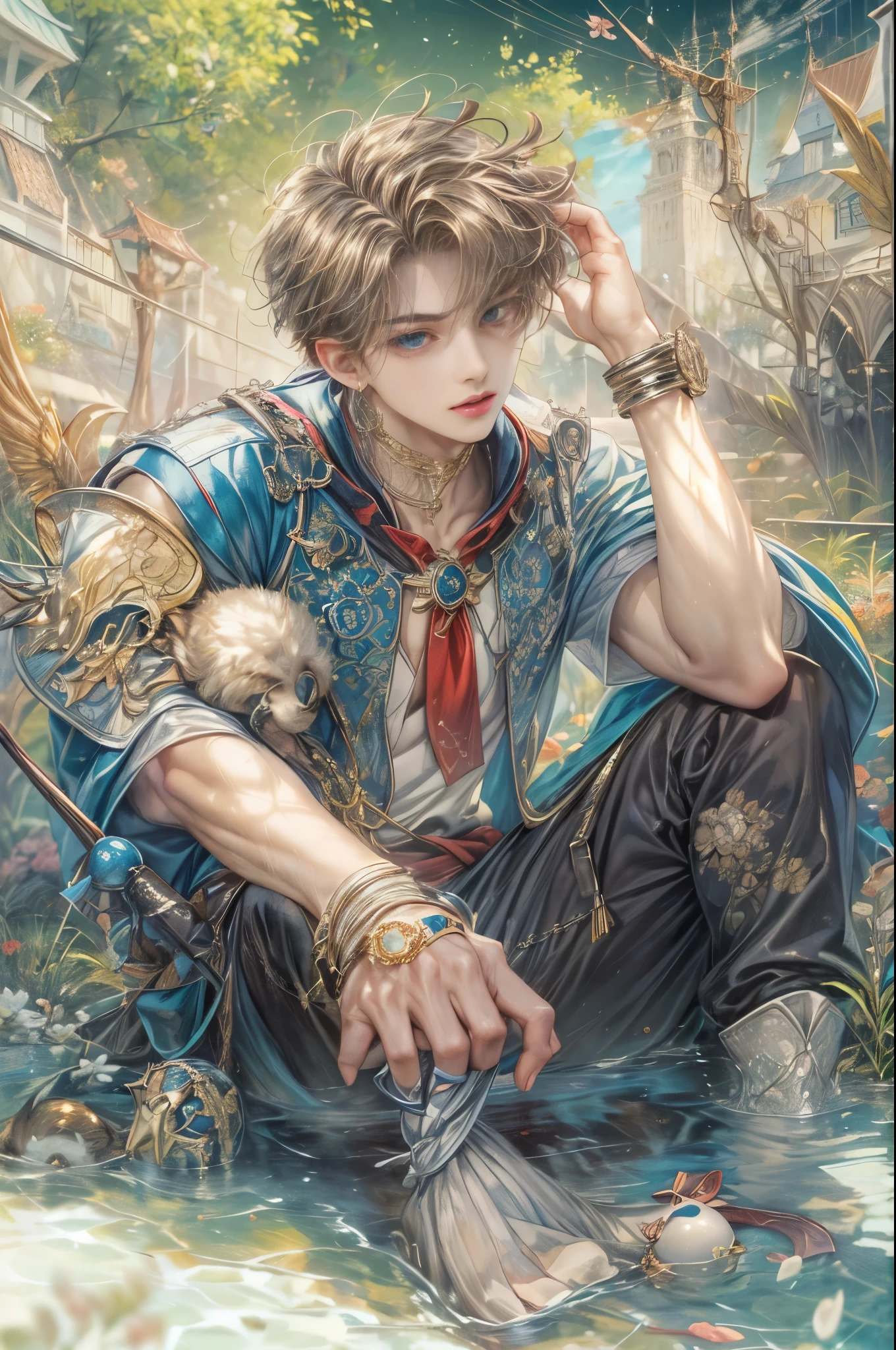 (absurdres, highres, ultra detailed, HDR), masterpiece, Intricate details,best quality picture of a character from Sailor Moon, male version of a character, handsome teen boy with short Hair anime eyes, intricate details on face, casual stylish clothes, in a detailed outside calm city sanctuary scenery, detailed character, art kenouji