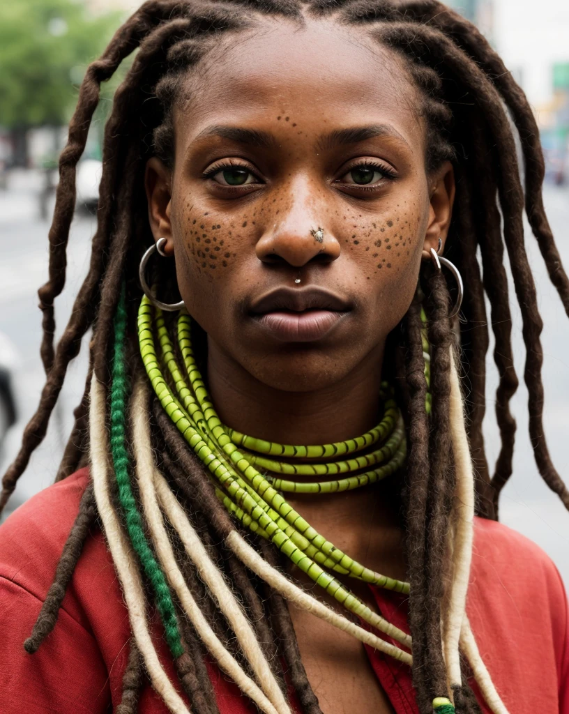 city ​​street, metro, Volumetric, close-up portrait photo of a young woman in light clothes, ultra textured skin, dark skin, green eyes, red dreadlocks, long dreadlocks, wrinkles on the skin, freckles on the face, plump lips, nose piercing