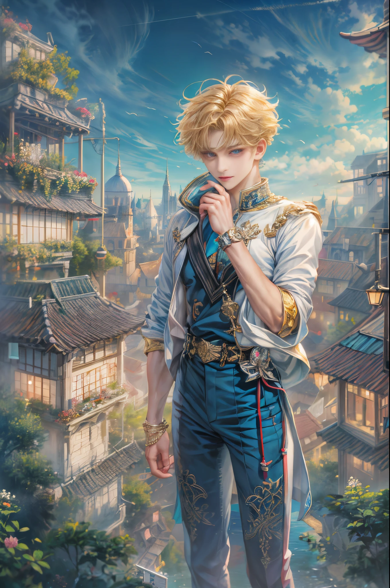 (absurdres, highres, ultra detailed, HDR), masterpiece, Intricate details,best quality picture of a character from Sailor Moon, male version of a character, handsome teen boy with short Hair anime eyes, intricate details on face, casual stylish clothes, in a detailed outside calm city sanctuary scenery, detailed character, art kenouji
