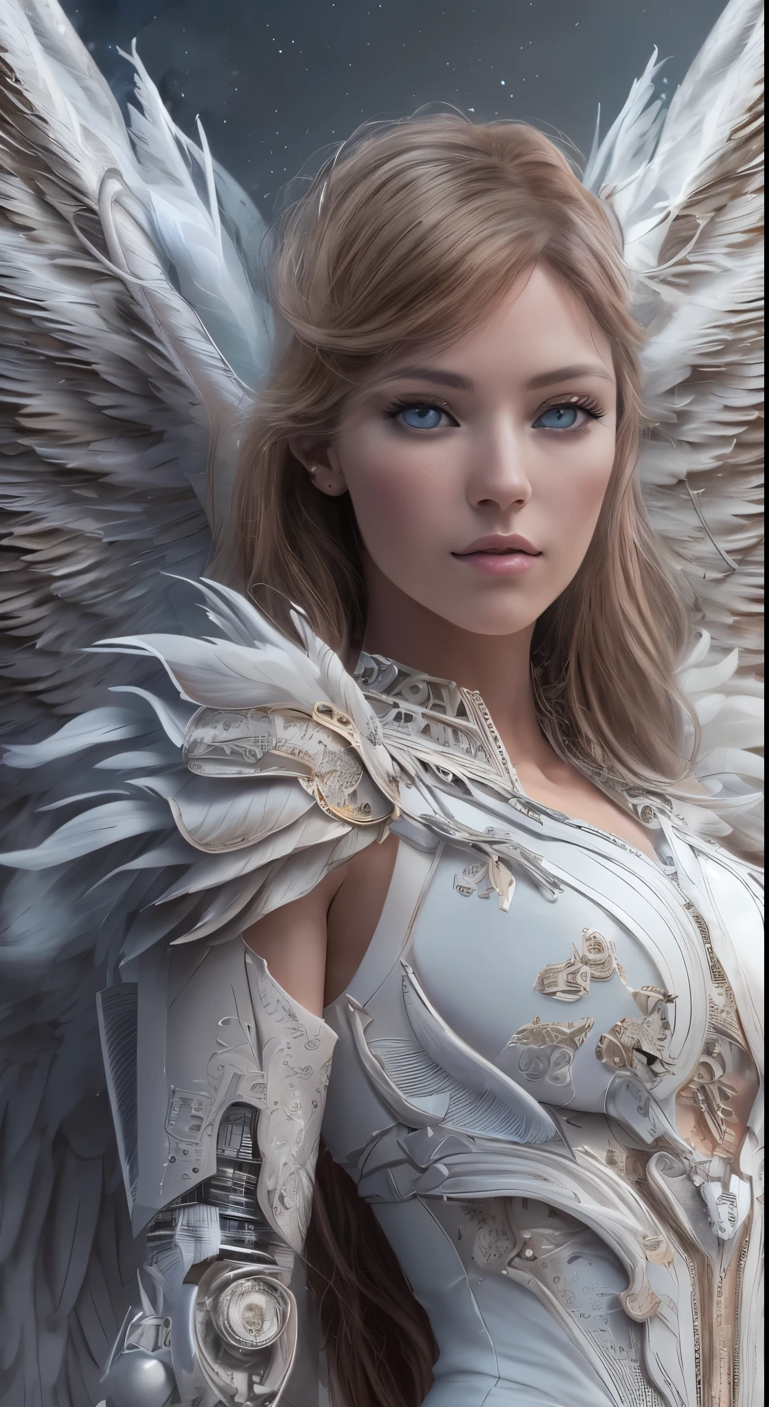 Close-up of a woman in a white dress with wings, full body angel, futuristic robot angel, amazing angel wings, angel knight gothic girl, angel in plastic armor, intricate costume designs, As a mysterious Valkyrie, The whole body is made of white feathers,, futuristic and fantastic, white wings, beautiful angel wings, steampunk angel, beautiful cyborg angel girl, graceful wingasterpiece, .CGI:1.4),(8k raw photo, best quality, masterpiece:1.2) super detailed official art,photorealistic:1.37, (outstanding, professional),masterpiece,best quality,ultra detailed,highres,high-resolution,4k,4kportrait,8k,8kportrait,unity8kwallpaper,extremely detailed CG,realistic,RAW photo,real person,portrait photography,photorealistic,shiny skin,detailed skin,(((dynamic angle full body 
 and dynamic angle wide shot
 and dynamic angle close-up
 and dynamic angle upper body
 and dynamic angle from above
 and dynamic angle from behind
 and dynamic angle from below
 ))),{{{{supermodel }}}},{{{{Photorealistic:1.4}}}}, beautiful detailed, highly detailed eyes and face, beautiful detailed eyes, ridiculous, incredibly ridiculous, super detailed, high resolution, highly detailed, top quality, masterpiece, illustration, highly detailed, CG, unified, 8k wallpaper, amazing, fine detail, masterpiece, top quality, highly detailed CG unified 8k wallpaper, face light, movie lighting,surrealistic female portrait, magic lights, 32K resolution, action poses, realistic photography, dynamic lighting, art station, volume lighting, highly detailed face, awarded, shadows}}}}}}}

