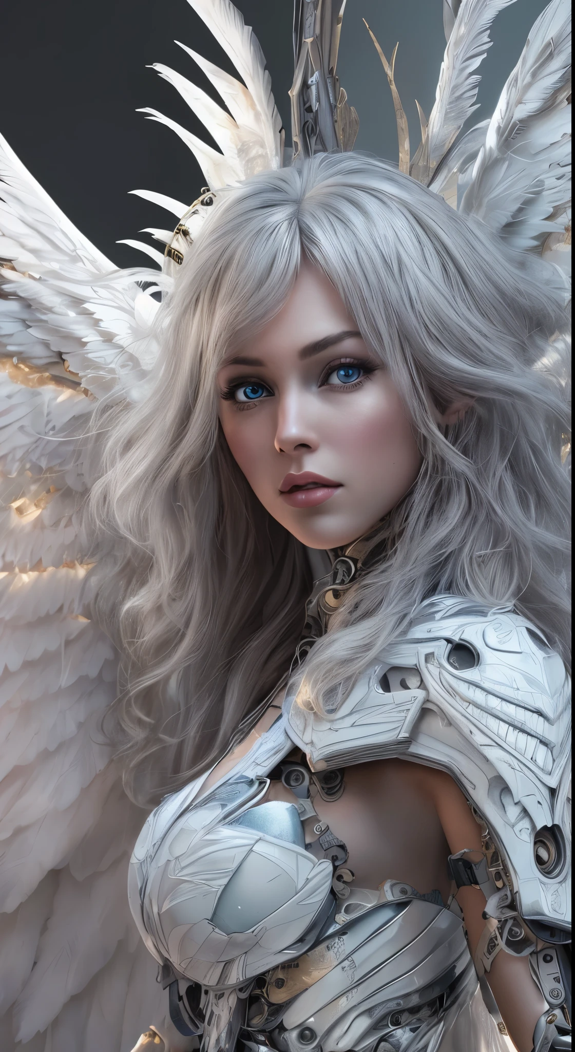 Close-up of a woman in a white dress with wings, full body angel, futuristic robot angel, amazing angel wings, angel knight gothic girl, angel in plastic armor, intricate costume designs, As a mysterious Valkyrie, The whole body is made of white feathers,, futuristic and fantastic, white wings, beautiful angel wings, steampunk angel, beautiful cyborg angel girl, graceful wingasterpiece, .CGI:1.4),(8k raw photo, best quality, masterpiece:1.2) super detailed official art,photorealistic:1.37, (outstanding, professional),masterpiece,best quality,ultra detailed,highres,high-resolution,4k,4kportrait,8k,8kportrait,unity8kwallpaper,extremely detailed CG,realistic,RAW photo,real person,portrait photography,photorealistic,shiny skin,detailed skin,(((dynamic angle full body 
 and dynamic angle wide shot
 and dynamic angle close-up
 and dynamic angle upper body
 and dynamic angle from above
 and dynamic angle from behind
 and dynamic angle from below
 ))),{{{{supermodel }}}},{{{{Photorealistic:1.4}}}}, beautiful detailed, highly detailed eyes and face, beautiful detailed eyes, ridiculous, incredibly ridiculous, super detailed, high resolution, highly detailed, top quality, masterpiece, illustration, highly detailed, CG, unified, 8k wallpaper, amazing, fine detail, masterpiece, top quality, highly detailed CG unified 8k wallpaper, face light, movie lighting,surrealistic female portrait, magic lights, 32K resolution, action poses, realistic photography, dynamic lighting, art station, volume lighting, highly detailed face, awarded, shadows}}}}}}}

