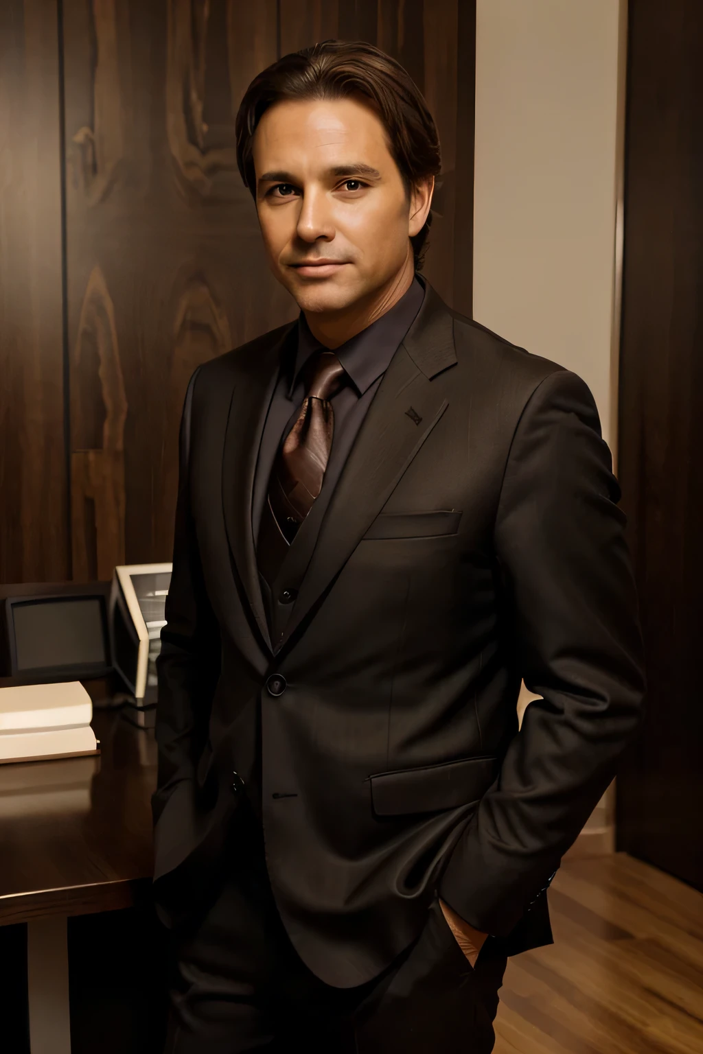 1 middle aged man, brown hair, brown eyes, black business suit, in an office, standing straight, looking happy, brown background