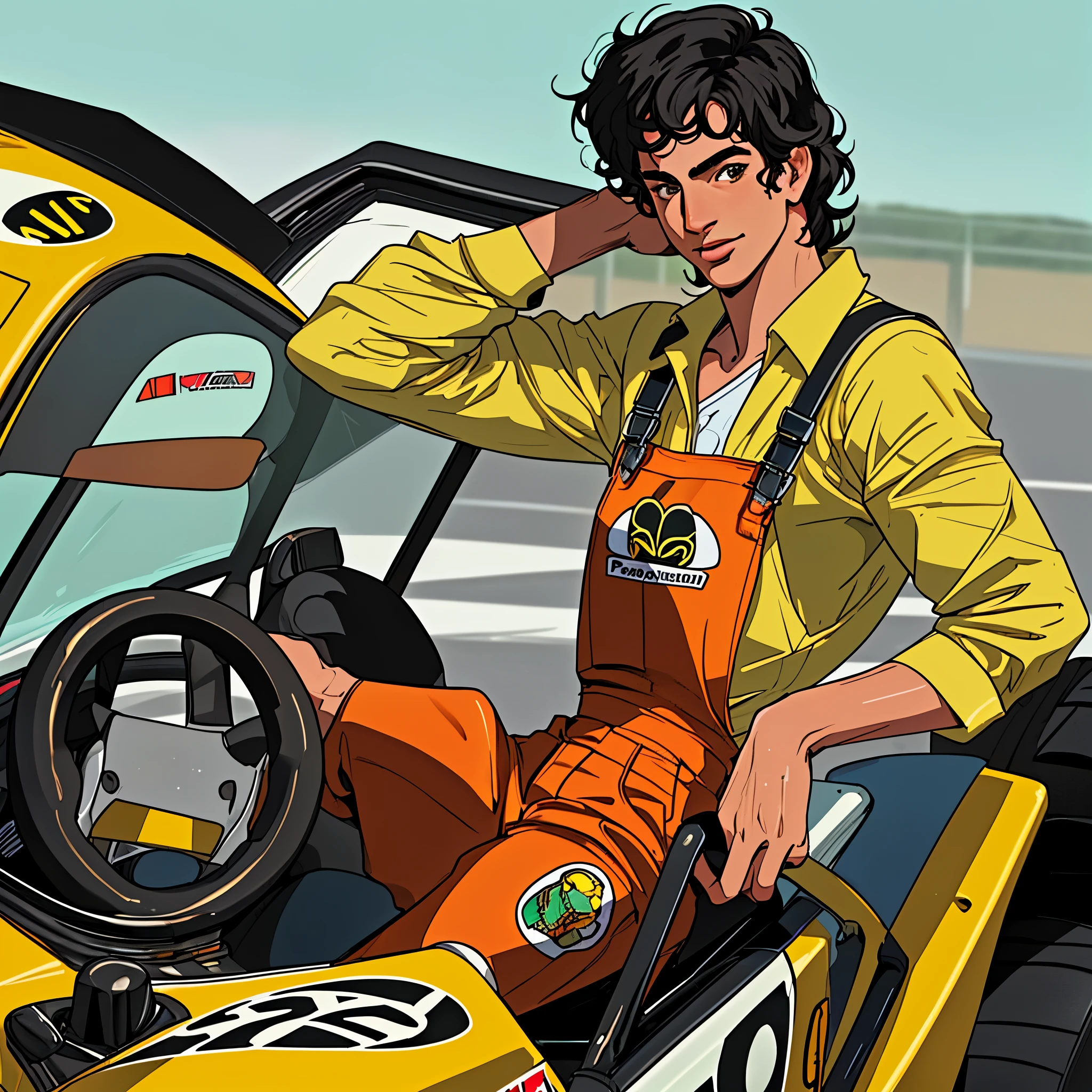 high resolution,work of art,Best quality at best,best quality,high quality,High detail, Ayrton Senna wearing black overalls from the Lotus 80s team