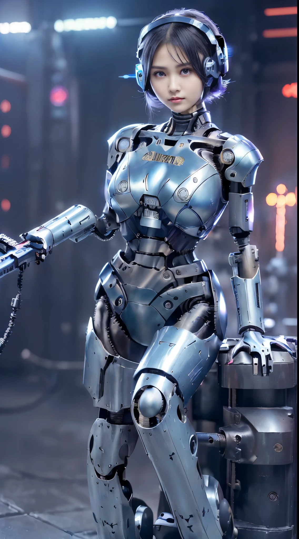 best ever、8k,(((Full body Esbian)))、(((plump breasts:1.3)))、(((luster)))、(((Metal)))、(((とてもlusterのある、Very hard armor:1.3)))、(((cyber punk)))、The cute beauty of the mecha、(highest quality, Detailed details, table top, chiaroscuro,big breasts、The bust photo is super realistic, Highly detailed Nikon videography:1.3)、beautiful navel、Human skin type、((very photorealistic person))、(round eyes)、The detail of the iris of the pupil is amazing、precise fingers、故障のない手feet、(((Caucasian 21 years old, woman)))、((Very fair skin))、natureに閉じた口、natureな乳輪、nature 、staring eyes、natureな体、、womanらしい顔立ち、womanらしい体、(With a round face)、small face、soft cheeks、looking at camera、Full body Esbian、Human skin type、((very photorealistic person))、(round eyes)、The detail of the iris of the pupil is amazing、故障のない手feet、natureに閉じた口、natureな乳輪、nature 、staring eyes、natureな体、womanらしい顔立ち、womanらしい体、With a round face、small face、soft cheeks、looking at camera、Full body Esbian、balanced face、drooling eyes、(that'Not eyes that will blind you.)、Body with human-like proportions、(((slightly longer arms)))、(fairly long torso)、(((slightly larger hands)))、human face、(((Shining blue light blue silver hair)))、(((cool and cute short hair)))、(((The background is the future)))、(((8 heads and bodies)))、(((purple eyes)))、(((thin, thin silver eyebrows)))、(((thin eyebrows)))、Gentle double eyelids、(((kind face)))、(((Background Mecha)))、blade runner、(((Possession of a machine gun:1.5)))、(((Machine gun firing:1.4)))、(((Hold a machine gun:1.6)))、(((womanロボコップ:1.3)))、ghost in the shell、tron、space detective gavan、knock、police officer、(((night background)))、(((no makeup)))、(((Hollywood science fiction movie quality)))、(((New York in 5000 AD)))、((teal and orange))、height: 164cm、Leg length 80cm、Head length is 21cm、,very subtlyXfeet、(((attack posture:1.9)))、(((激しいattack posture:1.9)))、(((Raise your right arm:1.9)))、(((A large amount of red light rays from the glowing chest:1.9)))、(((being destroyed:1.9)))