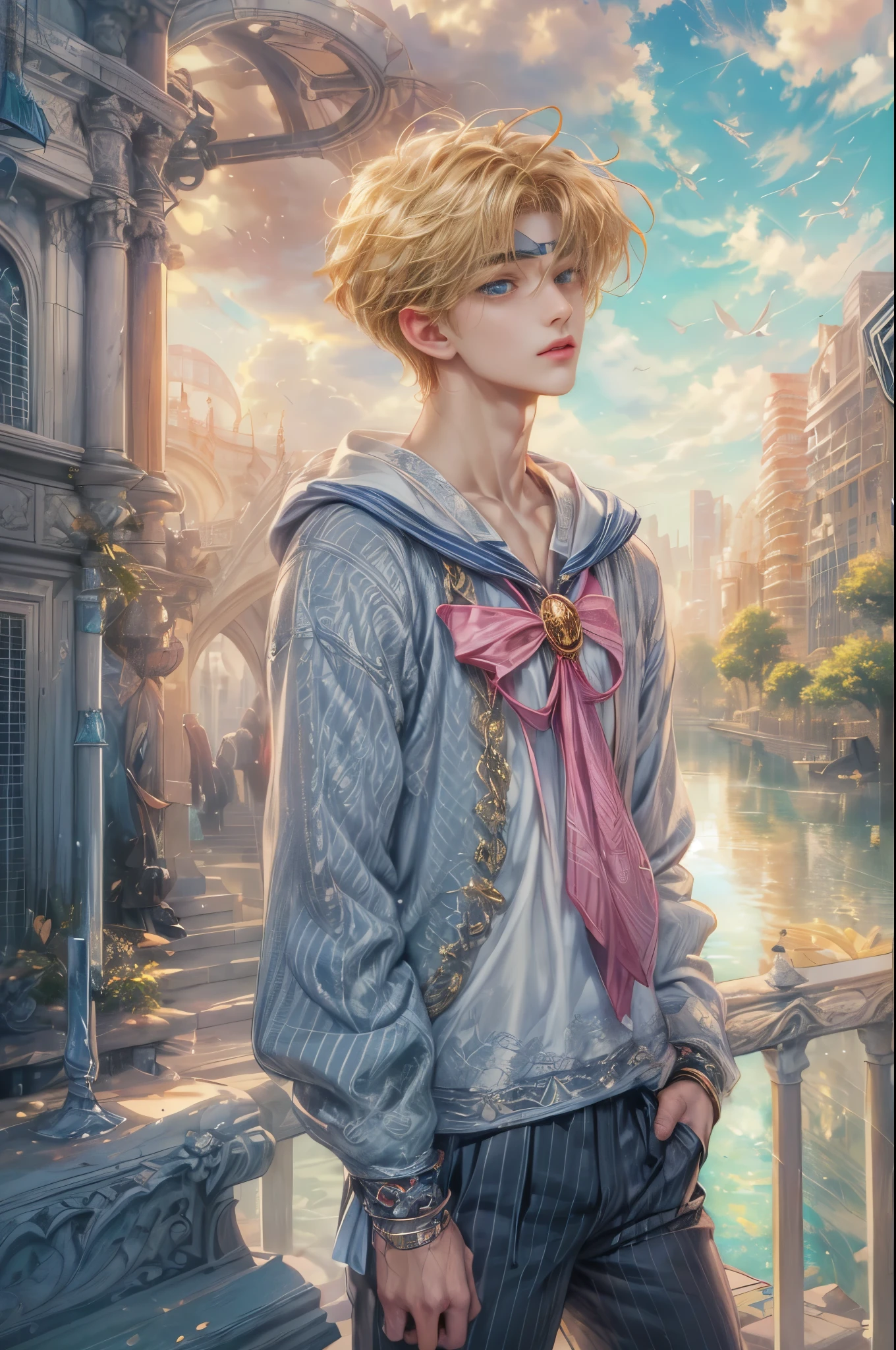 (absurdres, highres, ultra detailed, HDR), masterpiece, Intricate details,best quality picture of a character from Sailor Moon, male version of a character, handsome teen boy with short Hair anime eyes, intricate details on face, casual stylish clothes, in a detailed outside calm city sanctuary scenery, detailed character, art kenouji