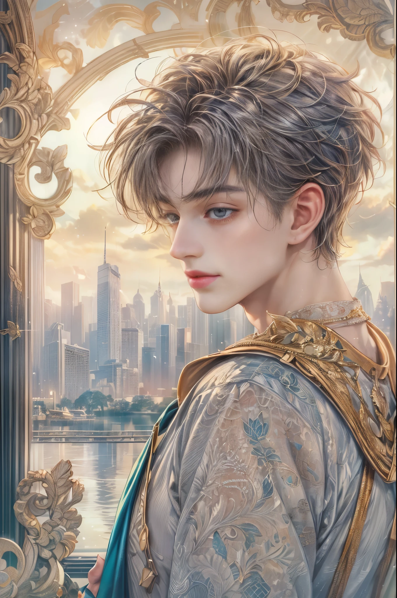 (absurdres, highres, ultra detailed, HDR), masterpiece, Intricate details,best quality picture of a character from Sailor Moon, male version of a character, handsome teen boy with short Hair anime eyes, intricate details on face, casual stylish clothes, in a detailed outside calm city sanctuary scenery, detailed character, art kenouji