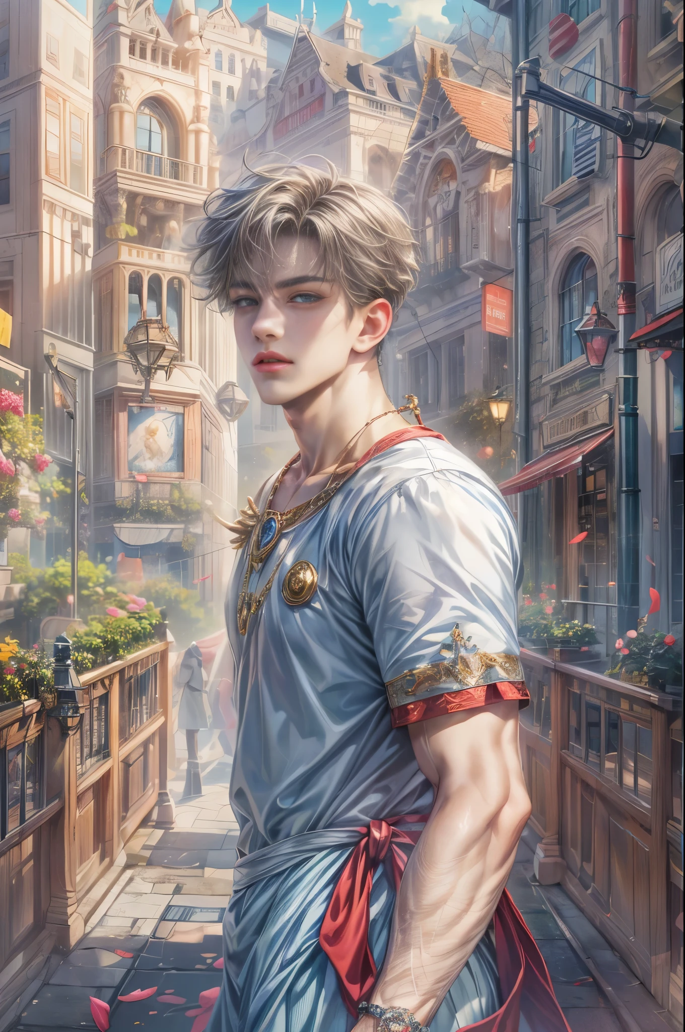 (absurdres, highres, ultra detailed, HDR), masterpiece, Intricate details,best quality picture of a character from Sailor Moon, male version of a character, handsome  boy with short Hair anime eyes, intricate details on face, casual stylish clothes, in a detailed outside calm city sanctuary scenery, detailed character, art kenouji