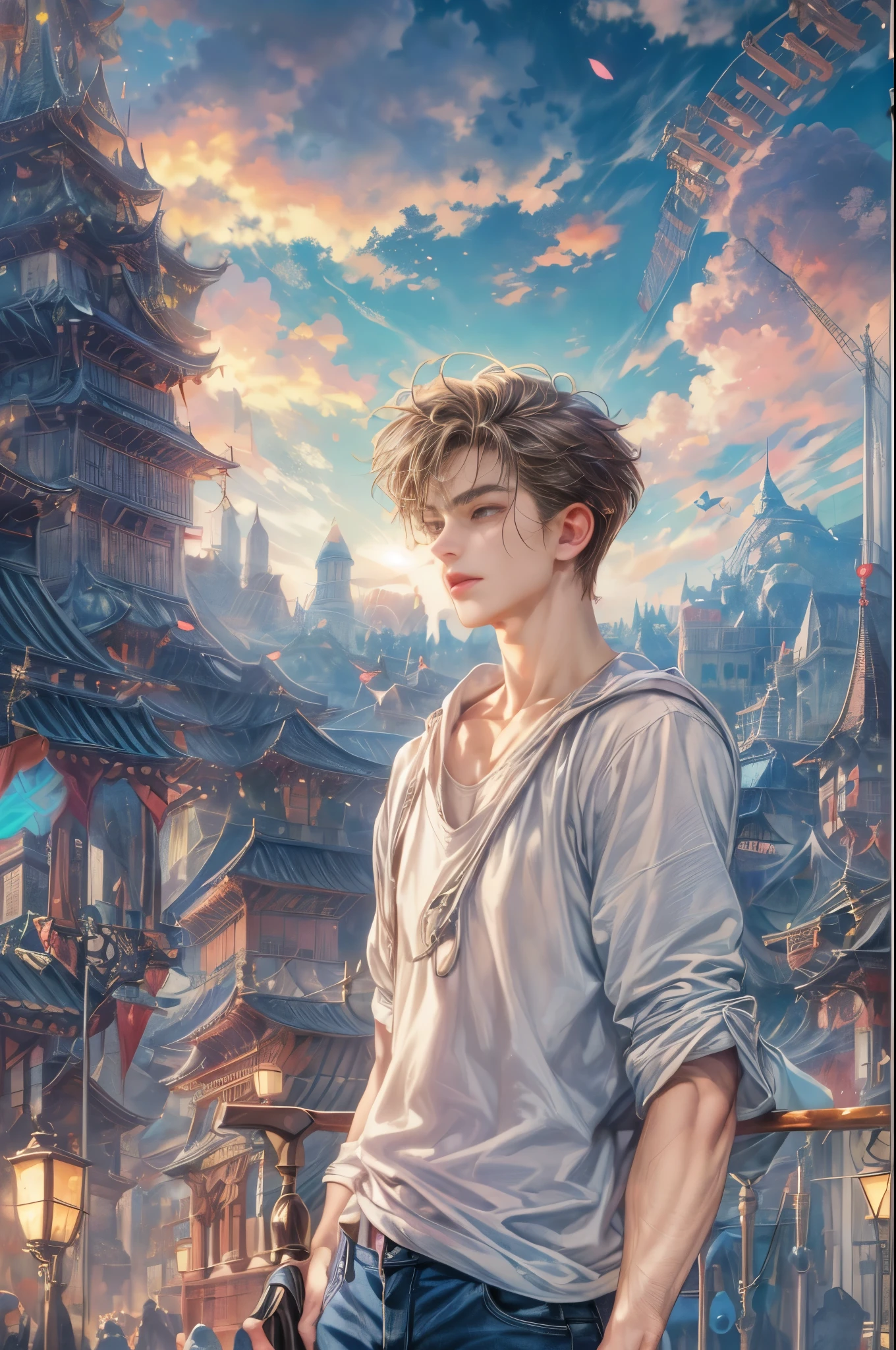 (absurdres, highres, ultra detailed, HDR), masterpiece, Intricate details,best quality picture of a character from Sailor Moon, male version of a character, handsome teen boy with short Hair anime eyes, intricate details on face, casual stylish clothes, in a detailed outside calm city sanctuary scenery, detailed character, art kenouji