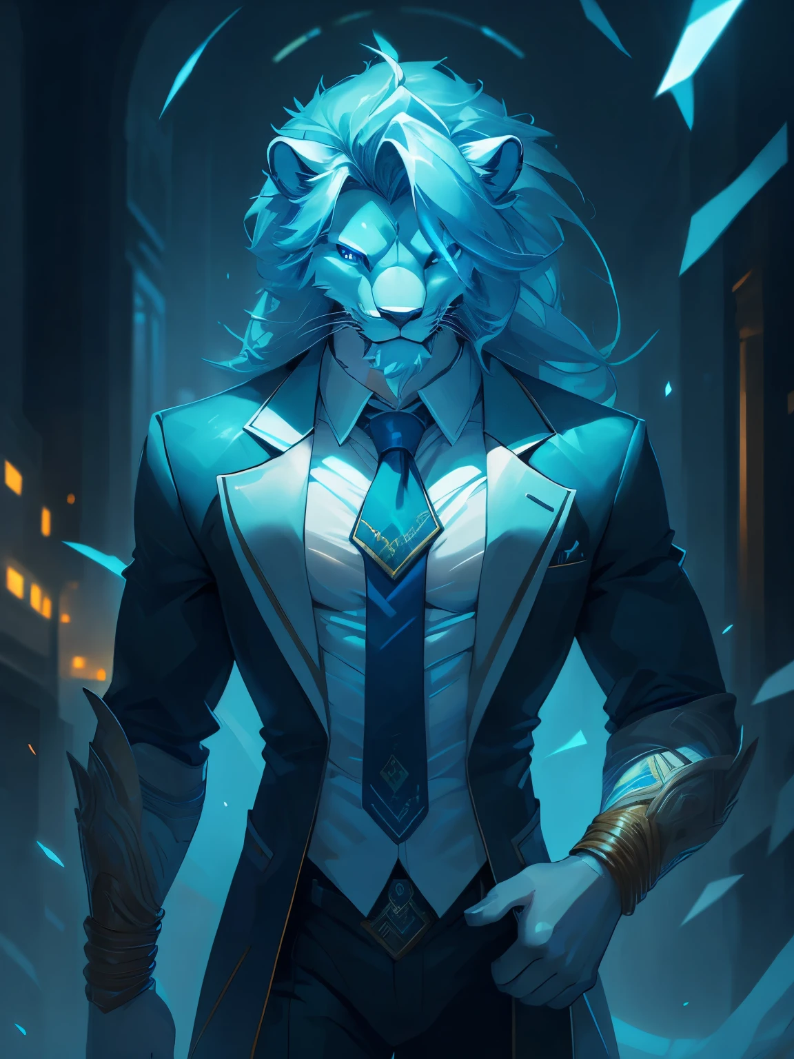 male, furry, Lion anthro, solo, white fur, blue eyes, (Realistic eye details 1.2), business suit wear, V0id3nergy, abs, Masterpiece, dramatic lighting, soft lighting, day, highly detail, Hair coiled