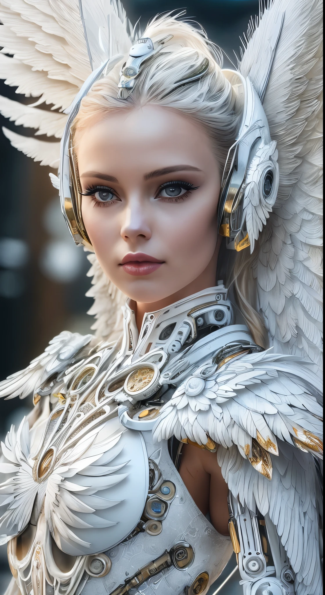 Close-up of a woman in a white dress with wings, full body angel, futuristic robot angel, amazing angel wings, angel knight gothic girl, angel in plastic armor, intricate costume designs, As a mysterious Valkyrie, The whole body is made of white feathers,, futuristic and fantastic, white wings, beautiful angel wings, steampunk angel, beautiful cyborg angel girl, graceful wings