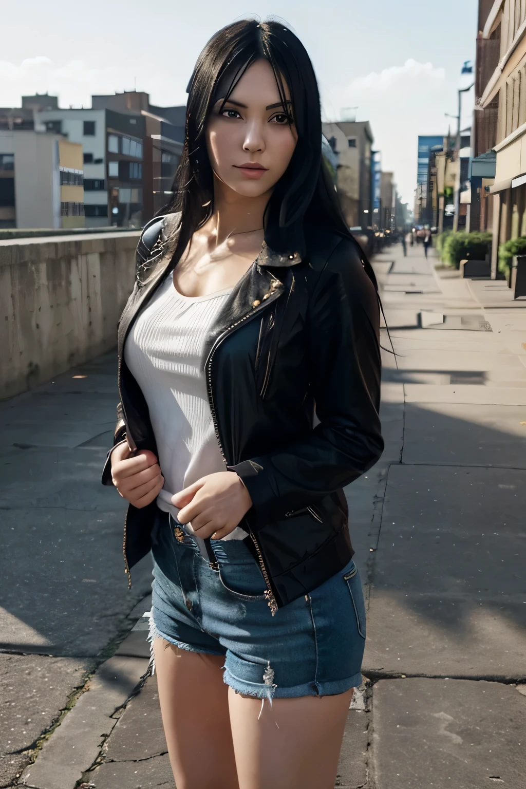 1 person, Nico Robin from the anime One Piece, long hair , black hair, black eye, realistic clothes, detail clothes, city background, ultra detail, realistic