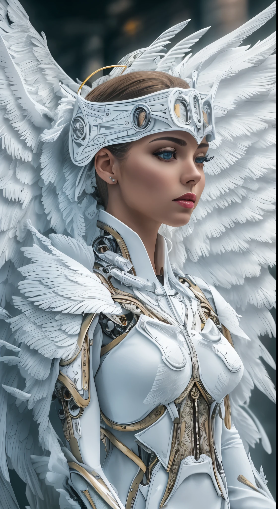 Close-up of a woman in a white dress with wings, full body angel, futuristic robot angel, amazing angel wings, angel knight gothic girl, angel in plastic armor, intricate costume designs, As a mysterious Valkyrie, The whole body is made of white feathers,, futuristic and fantastic, white wings, beautiful angel wings, steampunk angel, beautiful cyborg angel girl, graceful wings