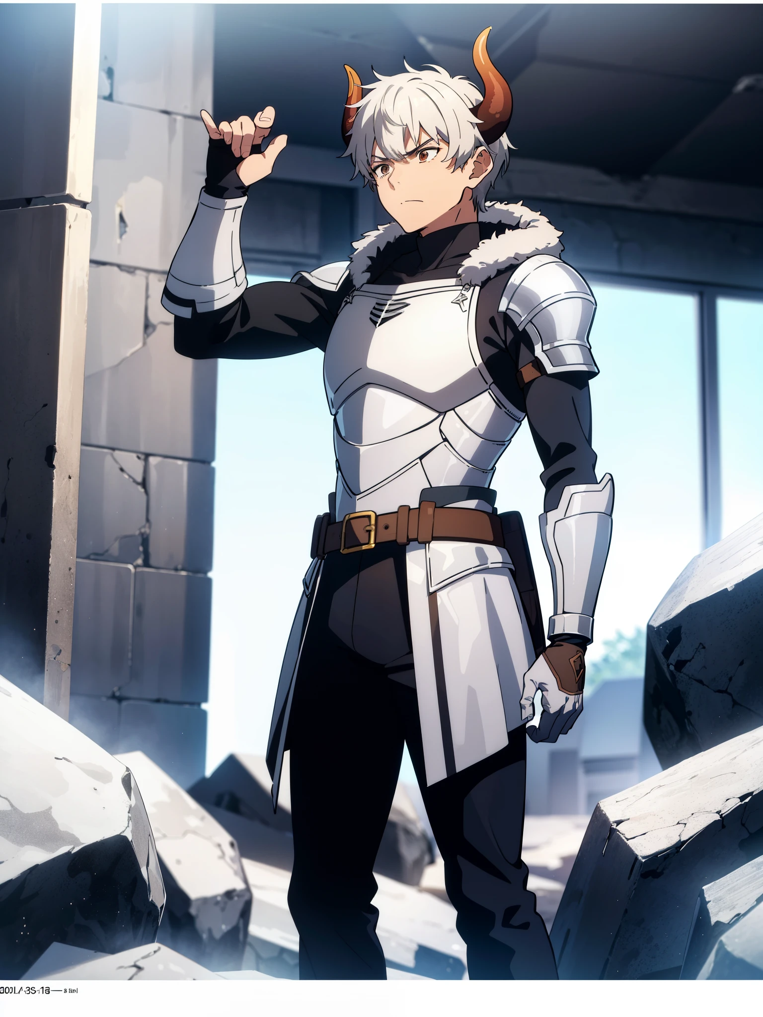 1boy,20 years,solo,mature male,((brown skin)),white hair,elf ears,short hair,(horns),(ice background),((knight silver armor)),cowboy shot,angry,standing