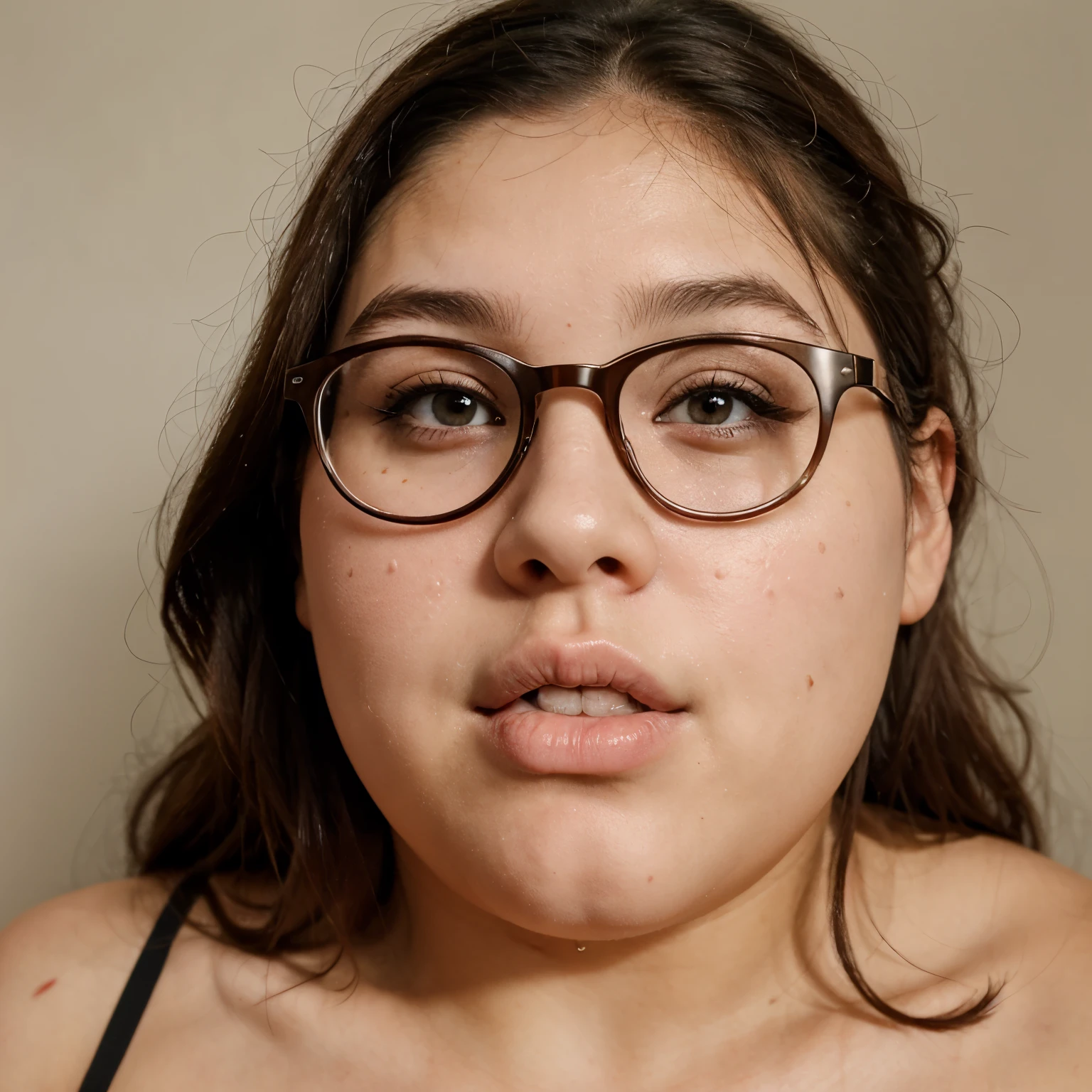 Big fat girl, big nose, thick lip, acne all over the face , wearing glasses 