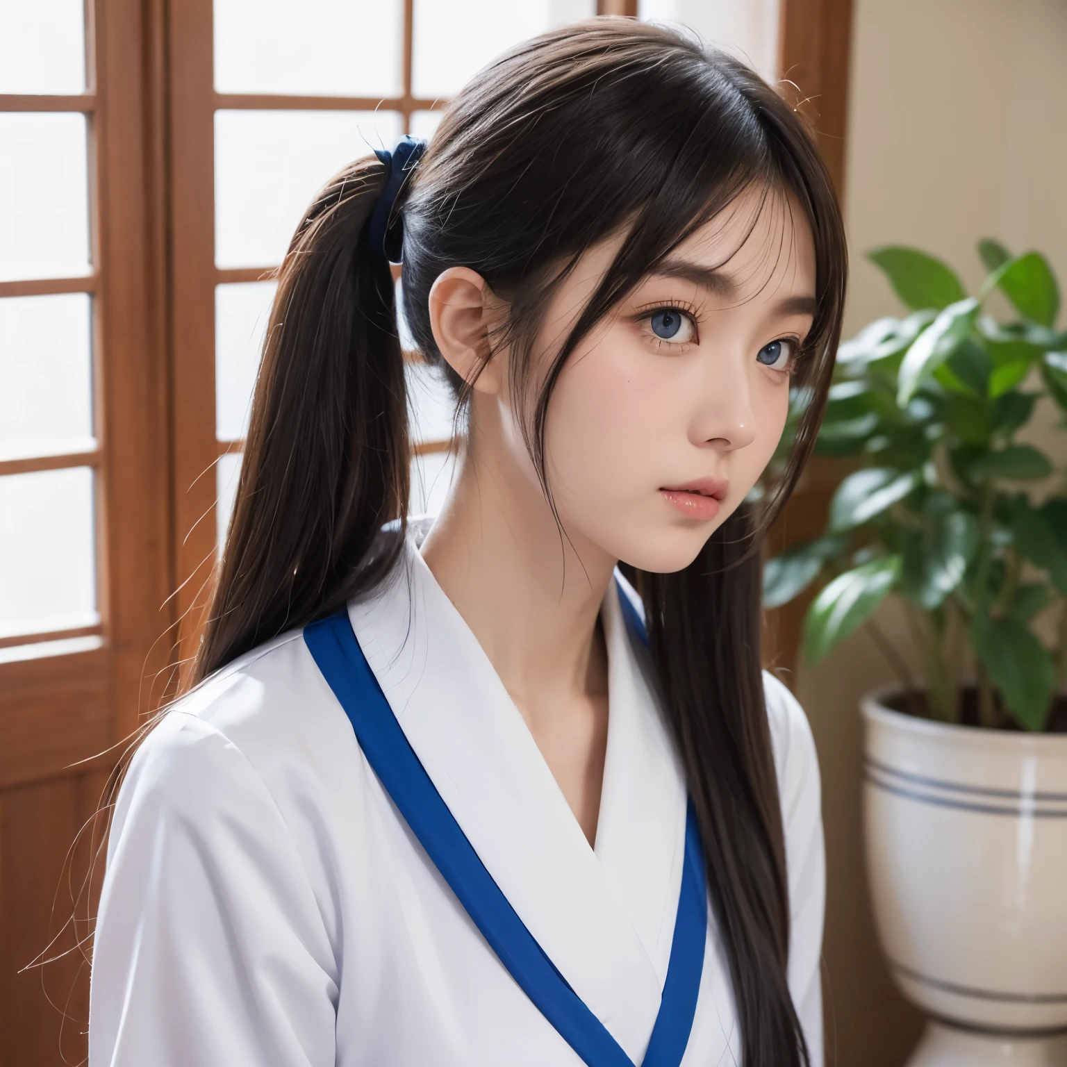 White medium-long hair, blue-eyed female, Caucasian, moderate, Japanese-style school uniform, half-tied hair, double ponytails