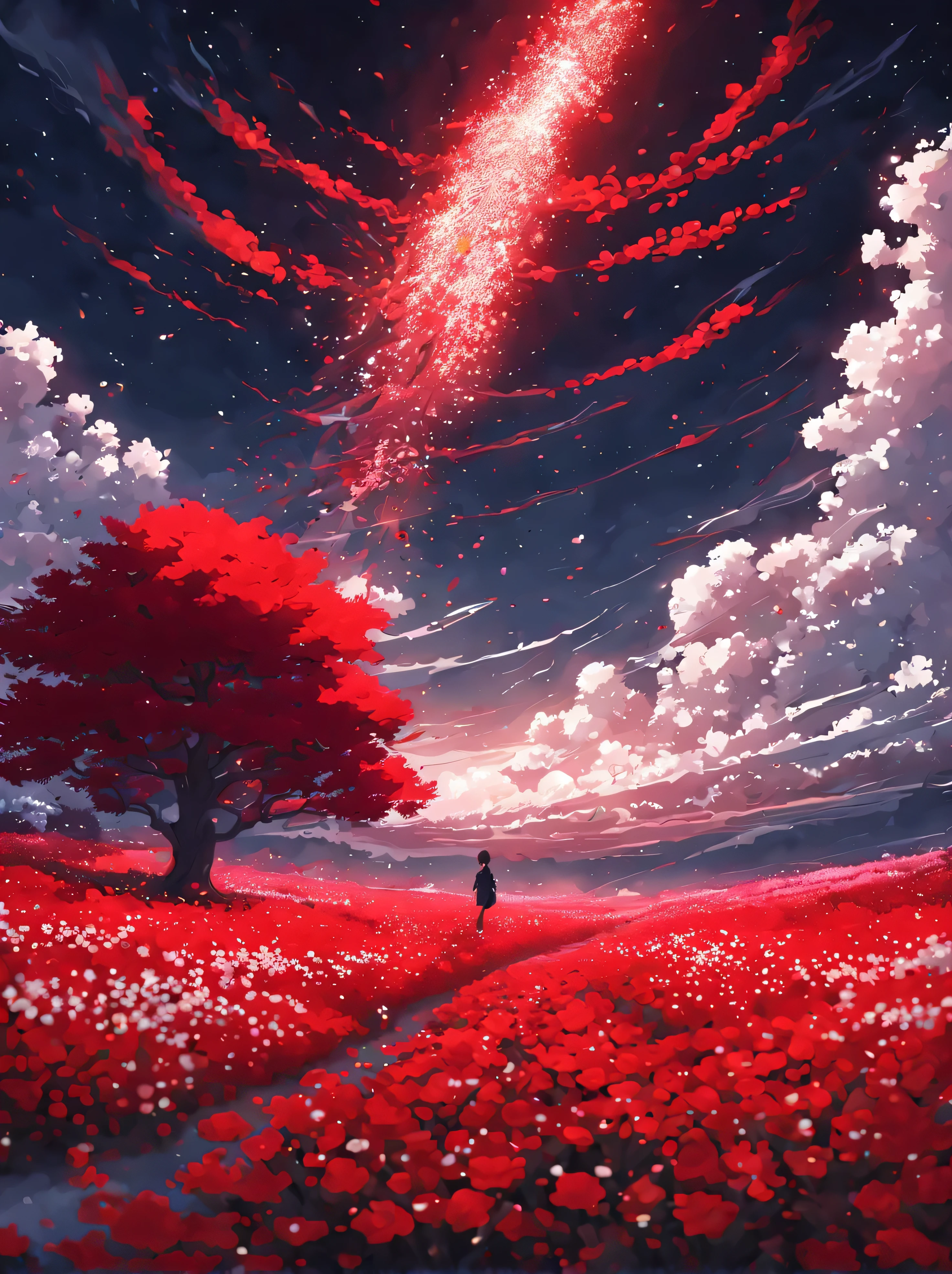 (masterpiece:1.2),(best quality),(8K,HD),(starfield:1.1),(shiny picture),(bright night),(anime scenery),(red and white field filled with beautiful flowers), glowing red ash particles in the air,sky covered with smoke, dark fantasy, catastrophe, apocalypse, concept art, illustration, (Studio Ghibli),(inspirational art),(no hope)
