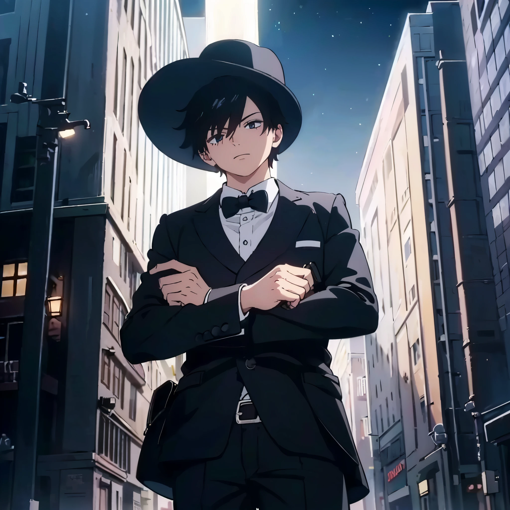 (best quality, masterpiece, RAW photo,ultra-detailed:1.2), 1BOY,solo,looking at viewer, balck hair,
hat, formal, hide eyes, city, night, holding pistol, from below, Middle age place,