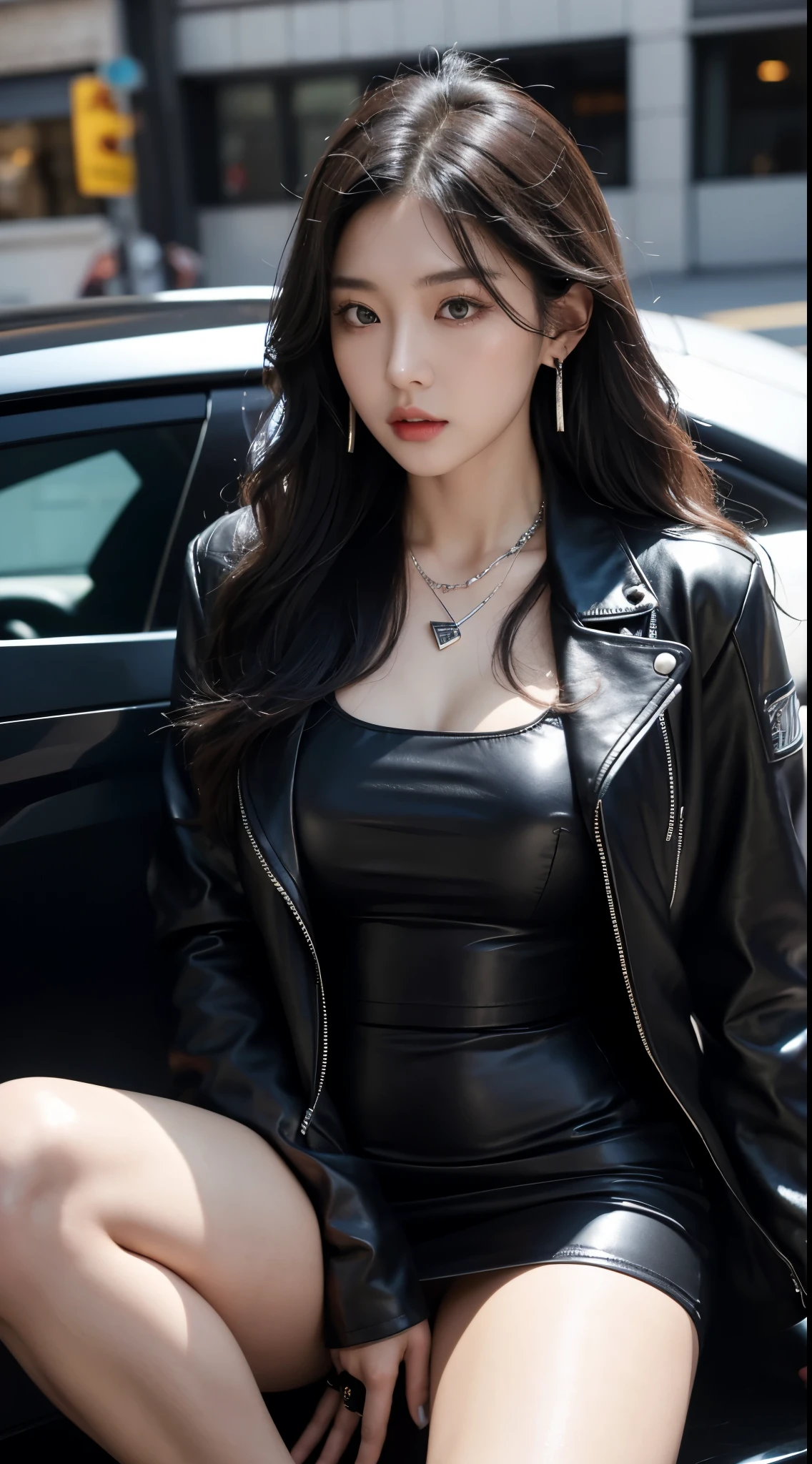 A Korean woman, long wavy hair, silver hair, black eyes, angry looking, big breasts, appealing, mini black dress, black leather jacket, appealing chest, thick thighs, at street, earrings, necklace, sitting on a black Lamborghini