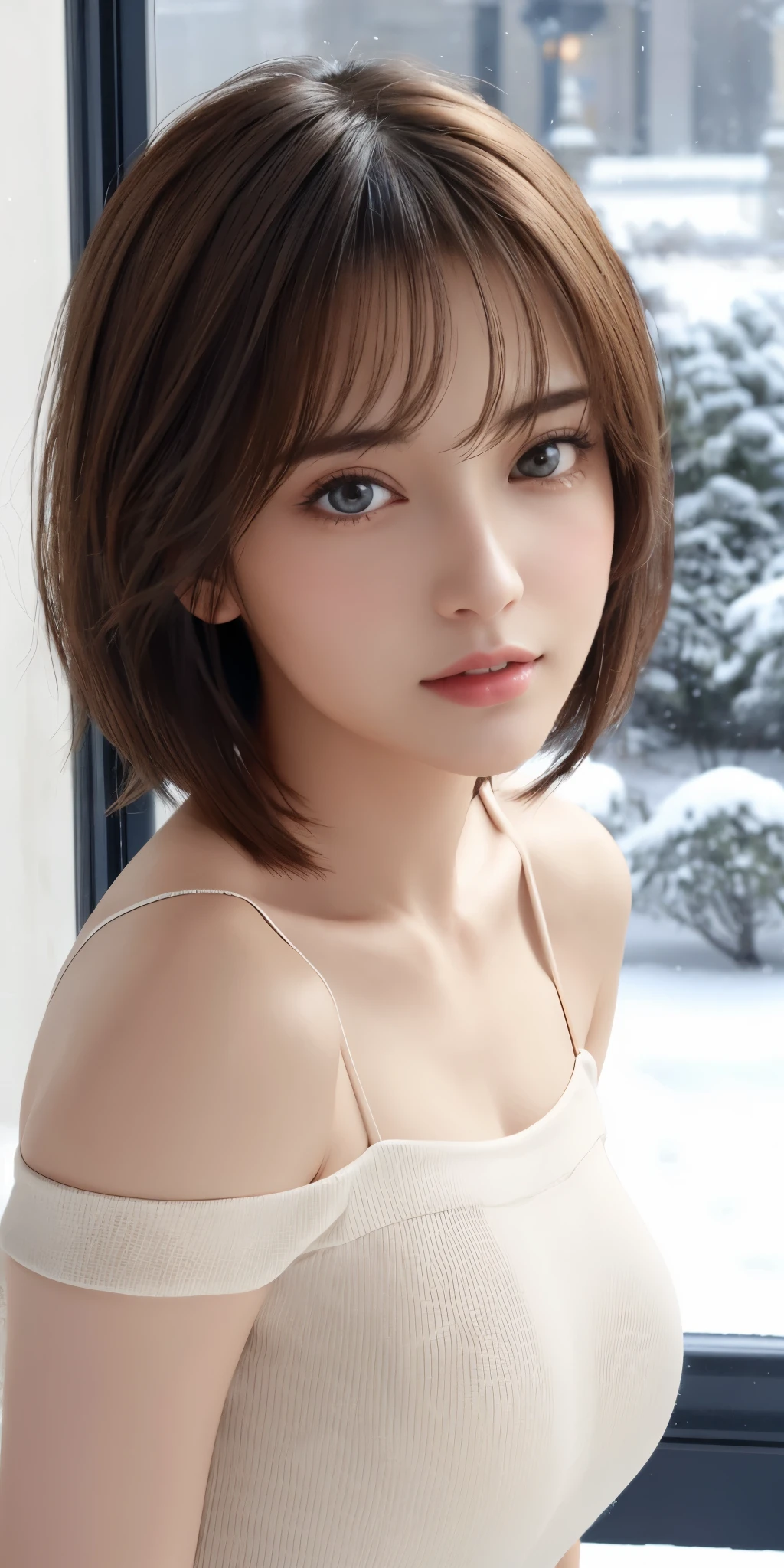 Photoreal、Masseter muscle part、highest quality、High resolution、RAW photo、realistic、bright lighting、face light、smooth professional lighting、alone、japanese woman、Half beauty、adult woman、Beautiful woman、modeled、super beautiful、realistic skin、realistic face、beautiful eyes、Big eyes、brown eyes、Inconspicuous tear bags、slim、medium big breasts、short hair、brunette colored hair、looking at camera、fun、Happy、camel toe、Winter clothes、snow scene