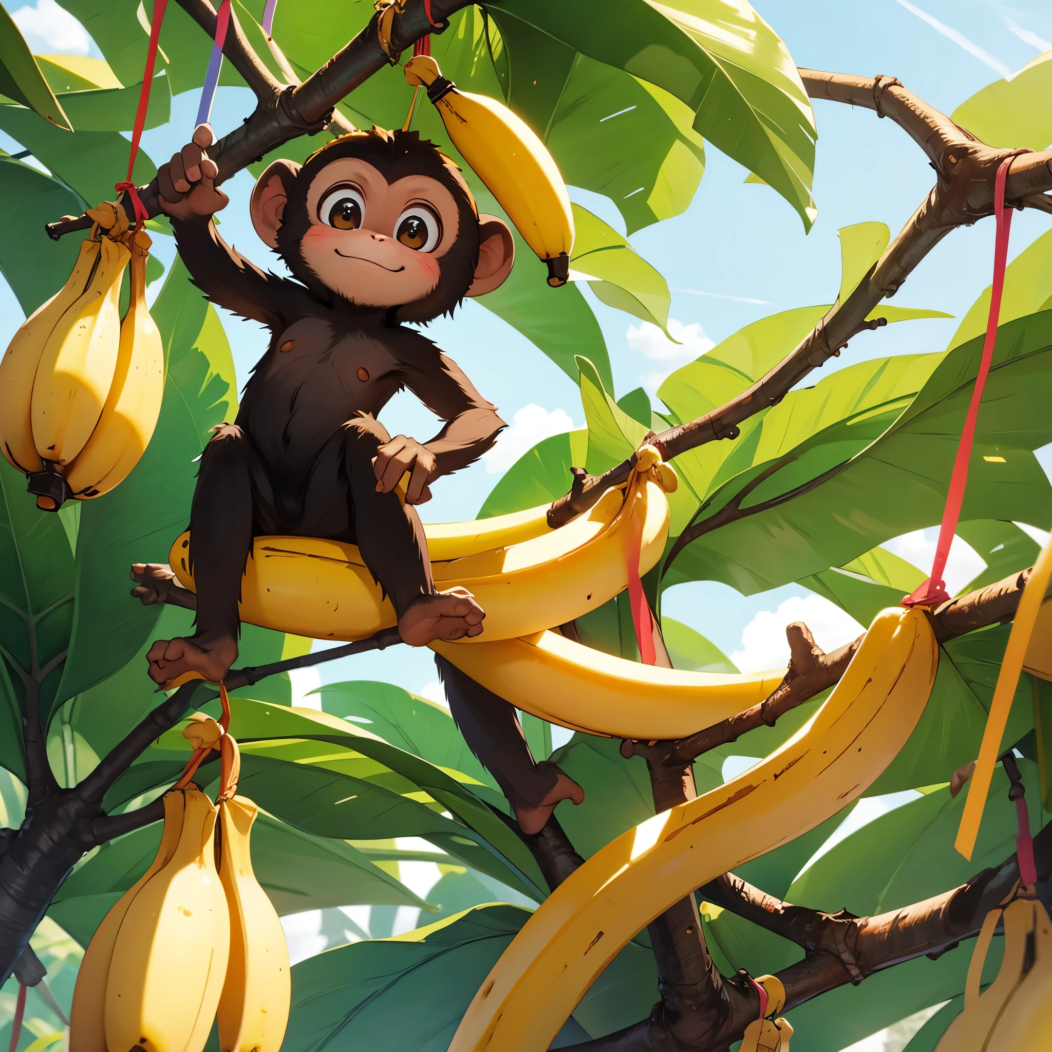 A small monkey，Dancing，happy，Colorful bananas hanging on the tree，Bananas everywhere