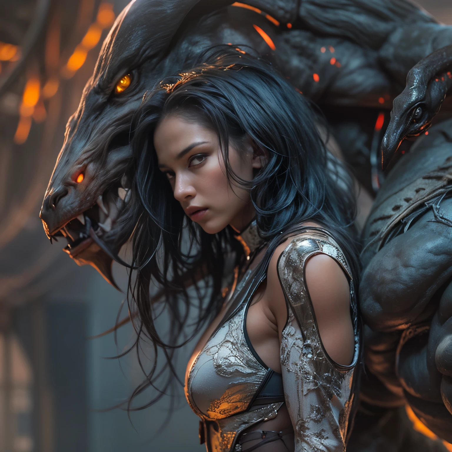 1 female alien, The predator, (extremely beautiful:1.2), (intense gaze:1.4), (predator:1.1), long dark claws, (NSFW:1), nipples, thick eyebrows, (She has shining sky blue orange eyes:1.2), the most beautiful face in the universe, jet black hair, symmetrical beautiful eyes, hyper detailed eyes,

A woman predator with an extremely beautiful face, her intense gaze fixed on her prey, a primal force that could not be denied.

(beautiful lean body:1.5), (muscular build:1.2), (prowling:1.3), (sleek movements:1.4)

Her beautiful body, muscular and toned, moved with sleek grace as she prowled, ready to strike at a moment's notice. The predator within her was always on,                                                                          
                                                                                                                                                               
 cinematic drawing of characters, ultra high quality model, cinematic quality, detail up, (Intricate details:1.2), High resolution, High Definition, drawing faithfully, Official art, Unity 8K wall , 8K Portrait, Best Quality, Very High resolution, ultra detailed artistic photography,