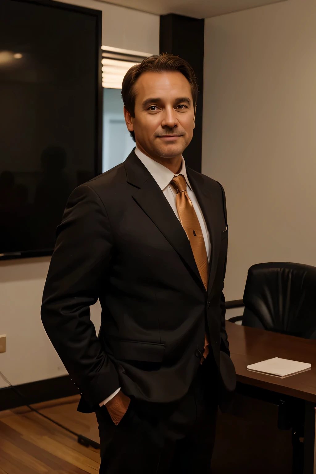 1 middle aged man, brown hair, brown eyes, black business suit, in an office, standing straight, looking happy, brown background