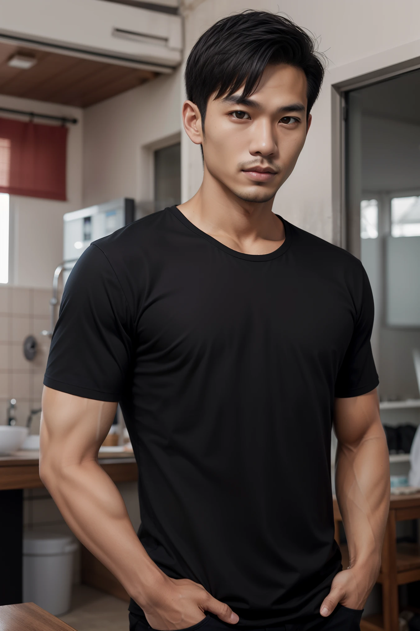 Realistic , Thai men ,loose black shirt