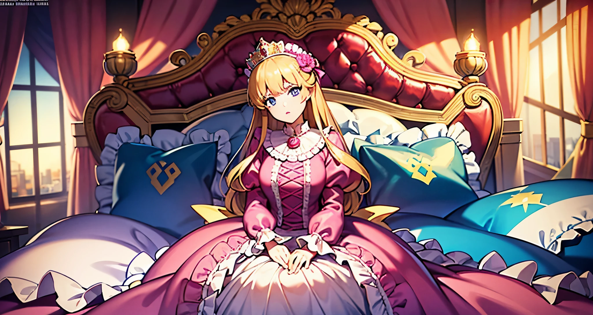 ,highest quality, masterpiece, highest resolution, artwork, super それにget used to it, many get used to it, get used to it, それにget used to it, 3K anime illustration,,(( When I was 10 years old)),Super detailed baby face,She is a princess,Full length ball gown dress with hoop skirt,ruffled yoke collar,puff sleeves,long sleeve,((Lolita style hot pink detailed princess satin dress、Comes with lots of frills and ribbons。)),colorful rococo fashion,shiny satin dress,Soft and smooth fabric,luxury,long blonde hair,blue eyes,white skin european,pajamas,((inside the palace)),,,(( When I was 10 years old)),Super detailed baby face,Full length ball gown dress with hoop skirt,long skirt,ruffled yoke collar,puff sleeves,腰まで伸びるlong blonde hair,blue eyes,white skin european,pajamas,((inside the palace bedroom)),ピンクのシルクサテンのluxuryなcanopy bedの上,canopy bed,luxurious curtains under the canopy,many frilly pillows on the bed,super detailed background,detailed bed,silk satin bed sheets,soft silk satin comforter,Soft silk satin ruffled pillow in pastel colors,little princess is sitting on the bed,legs are hidden in the dress,Don't put your feet out to the side,Beautiful girl illustration,detailed beautiful face detailed hair,detailed human eye ,detailed mouth, arm details,fine hands,Detailed pillow,Frilly pillows piled up behind the girl,