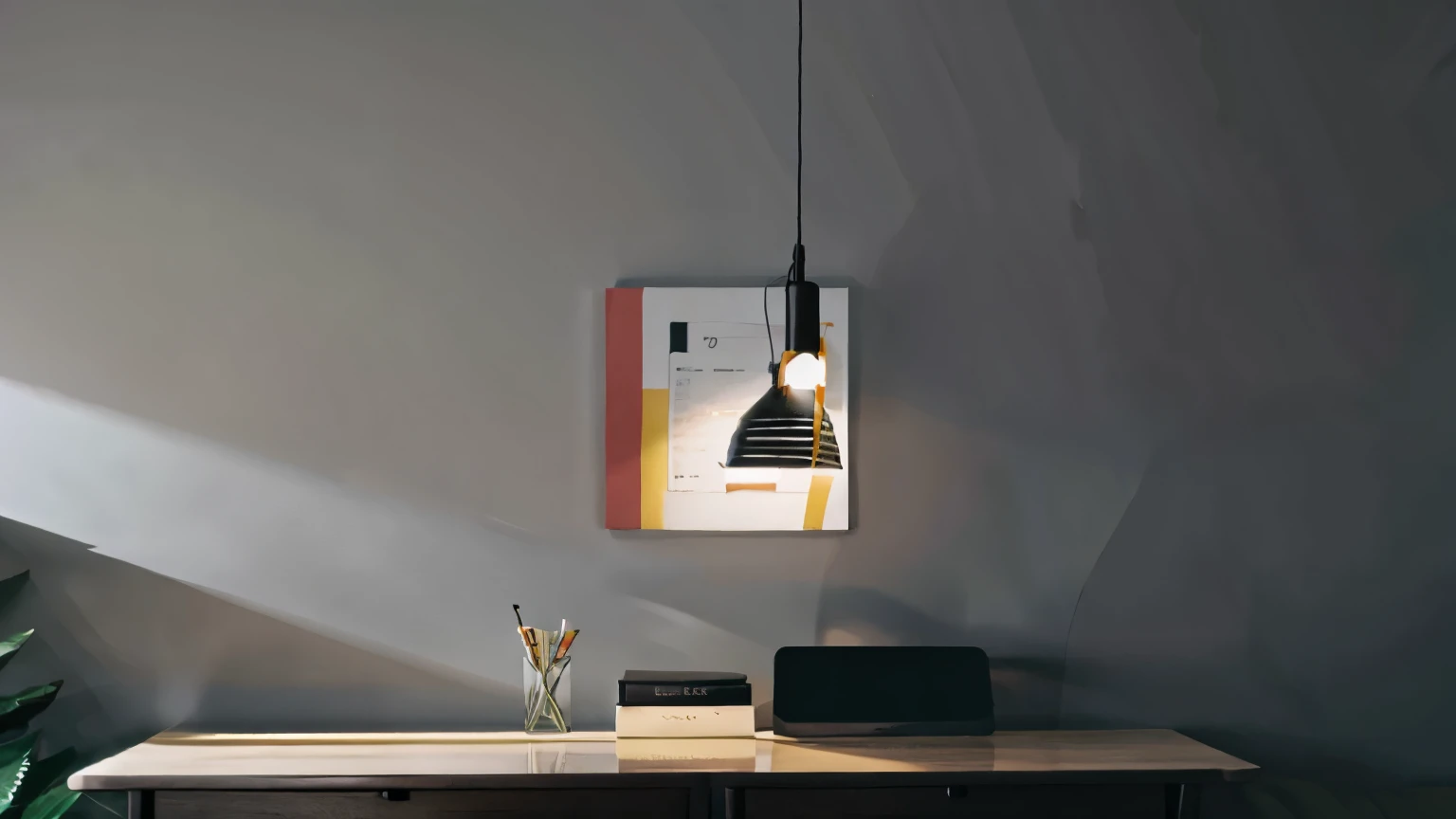 (8k, masterpiece,best quality), Ultra-detailed, beautiful details, lifelike, daytime,There is a real book on the table in the middle of the picture,There is a bookmark arrow-shaped decoration in the upper right corner,surrounded by flowers and plants,coffee,sofa,Soft sunlight or light,shadow,High grade gray,Neon light texture,Award-winning, Material Design, There is a gradient, cyberpunk style,Scenes,depth of field,16:9