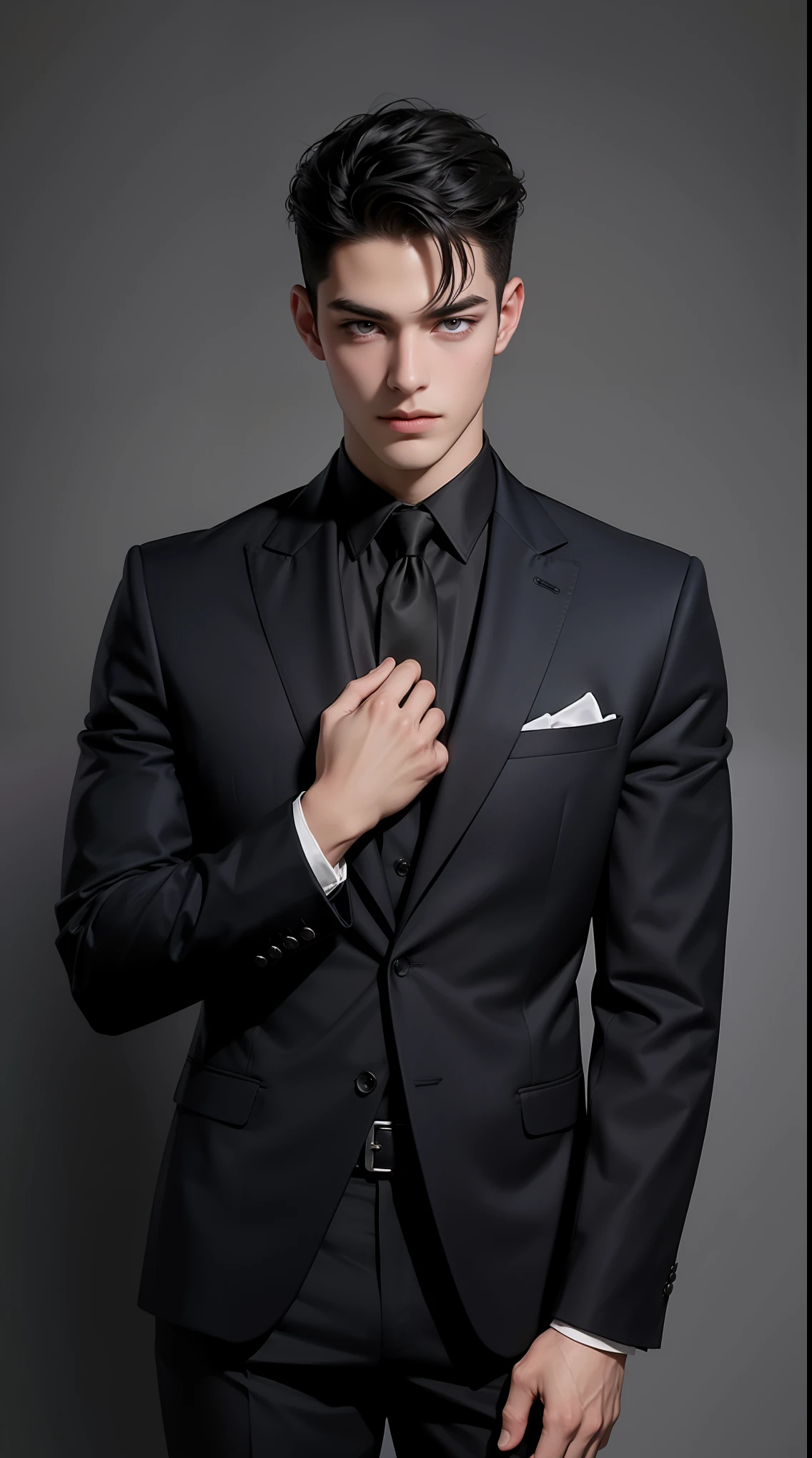 1man,1boy,muscualr,black hair,purple eyes, trained, suit
