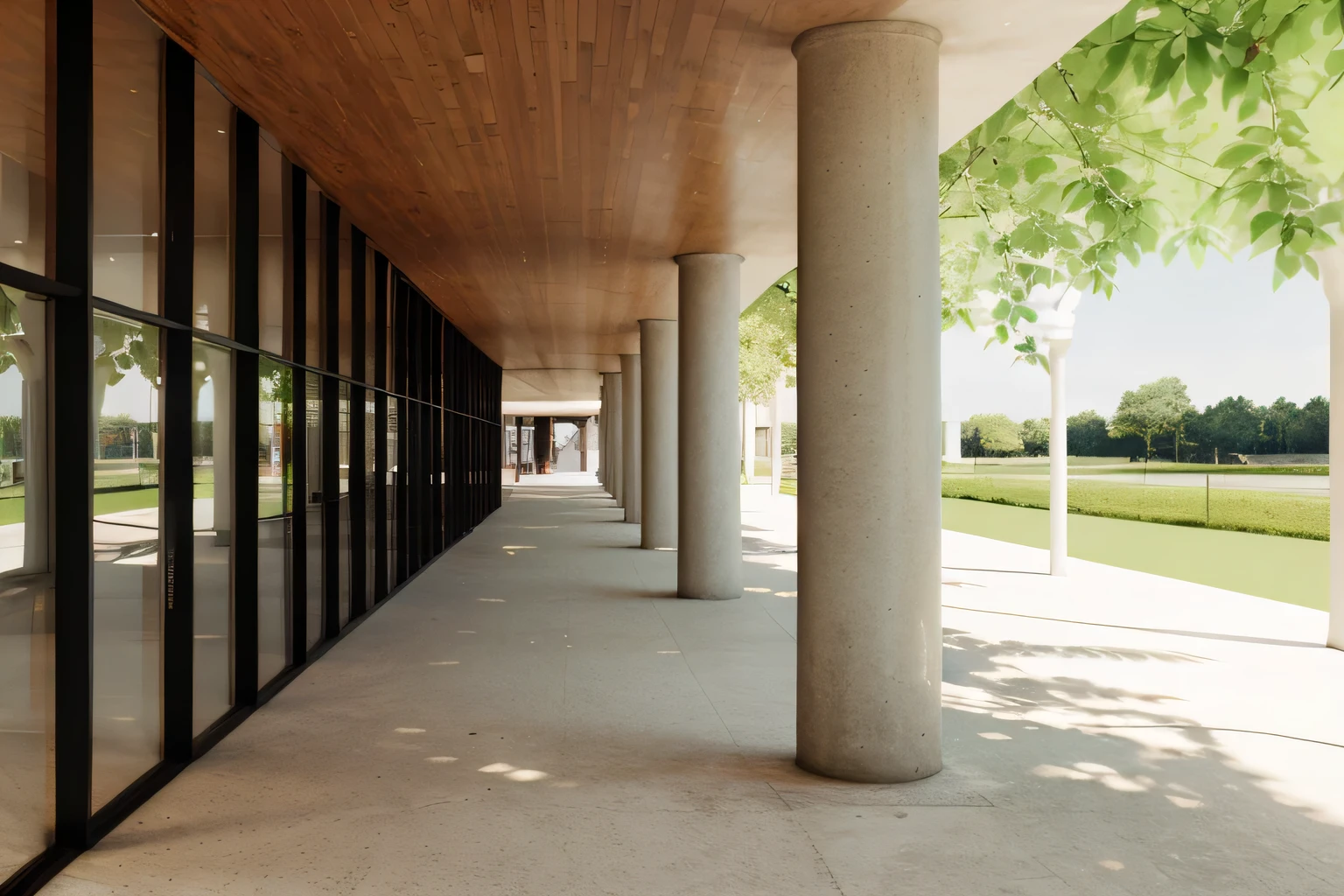 there is a long walkway with columns and trees in the background, low angle dimetric rendering, digital renderinging, architectural rendering, detail rendering, architectural visualization, architectural rendering, award-winning rendering, highly photographic rendering, photographic rendering, a digital renderinging, digital rendering, detailed rendering, professional rendering, high detail rendering, artistic print, View at ground level