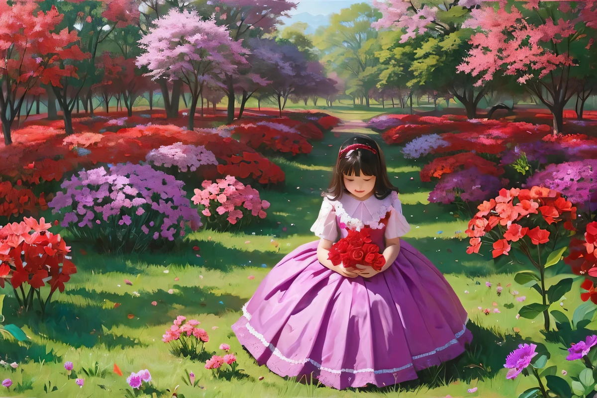 purple flowers and trees々surrounded by、A 9-year-old girl wearing red clothes is alone..、Painted a picture