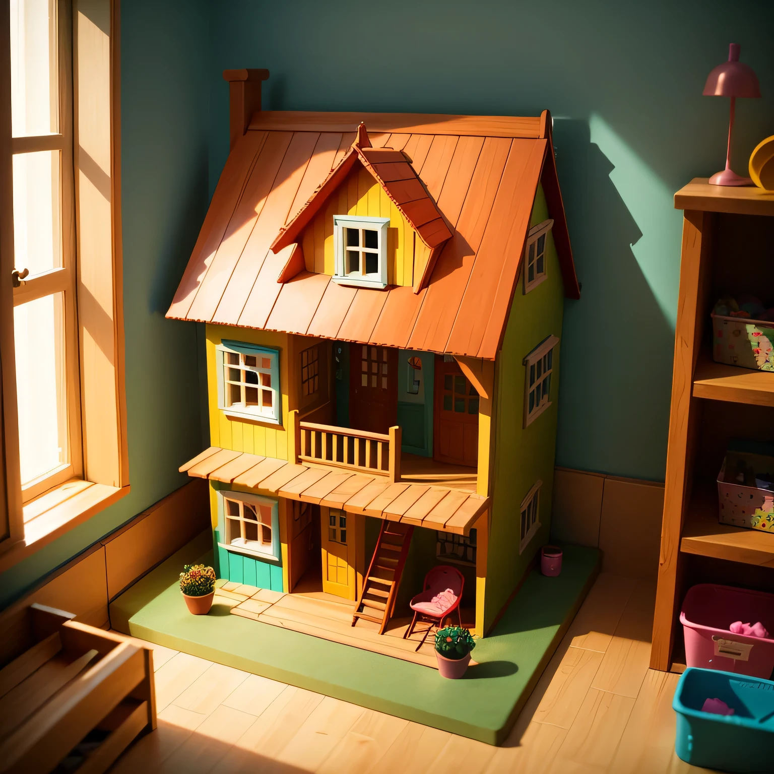 wooden doll house in a childrens room, the house is in vibrant colors, nicely decorated, toys around her on the ground
