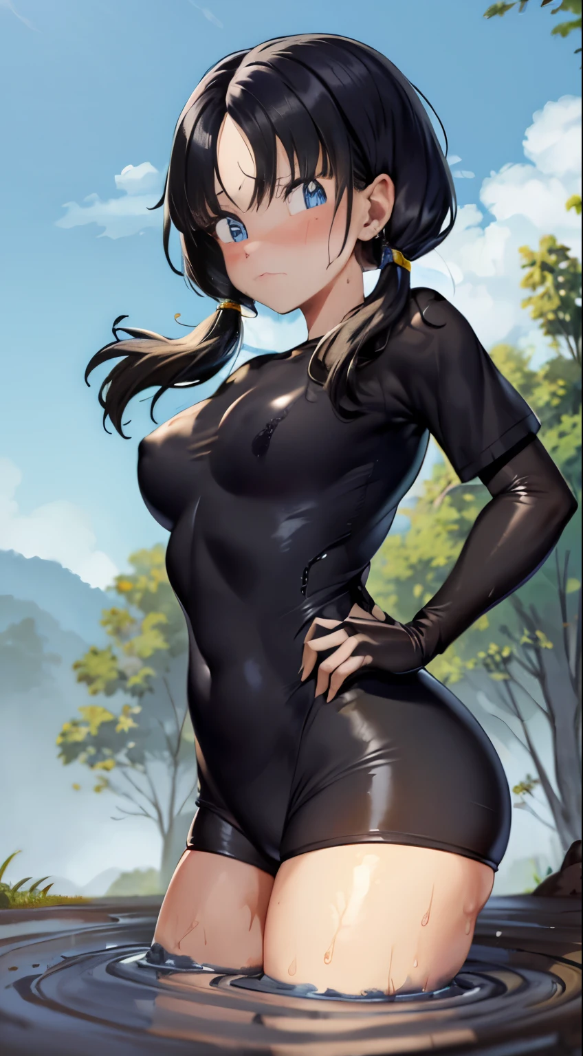 masterpiece, highest quality, High resolution, girl,saw 2, blue eyes, black hair, Low twintails and short cut, medium breasts, frown,blush, Sweat,girl1名, Black tight suit, streak,looking at the viewer,jungle,the sky is cloudy,The water surface is black and murky, (quicksand:1.3),rain
