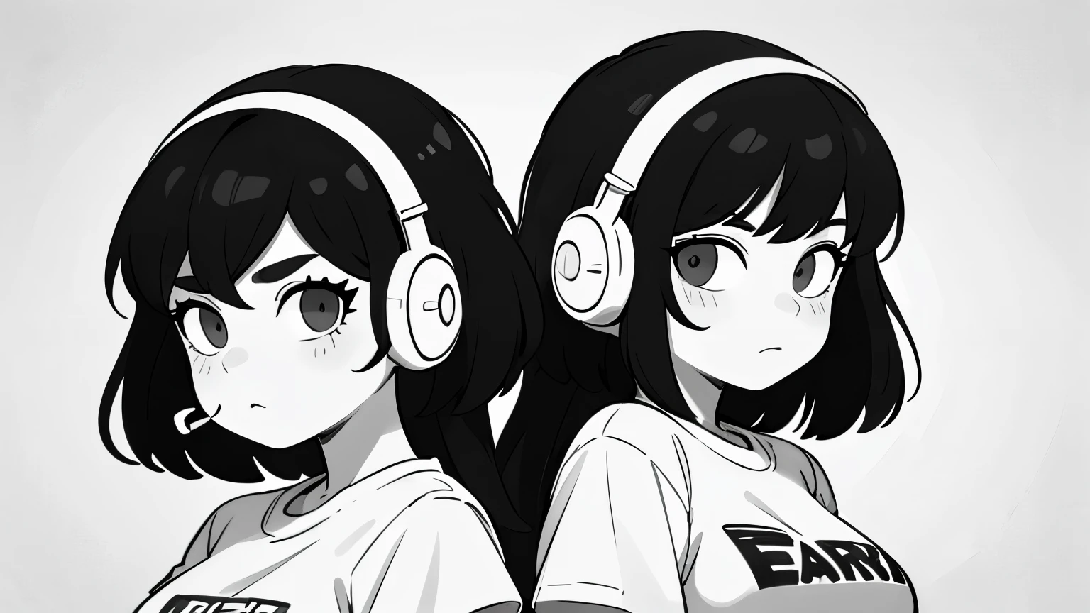 ((best quality)), ((masterpiece)), (detailed), perfect face, A girl, side portrait, black and white, Messy Short Hair, Spicy accessories, Sporty style, Casual T-shirt, Confident gaze, Monochrome color scheme, looking at the side, Chic street fashion, Sloppy hands in pockets posing, cap,((person)),Over-ear headphones, Large ear pads, Luxurious long hair