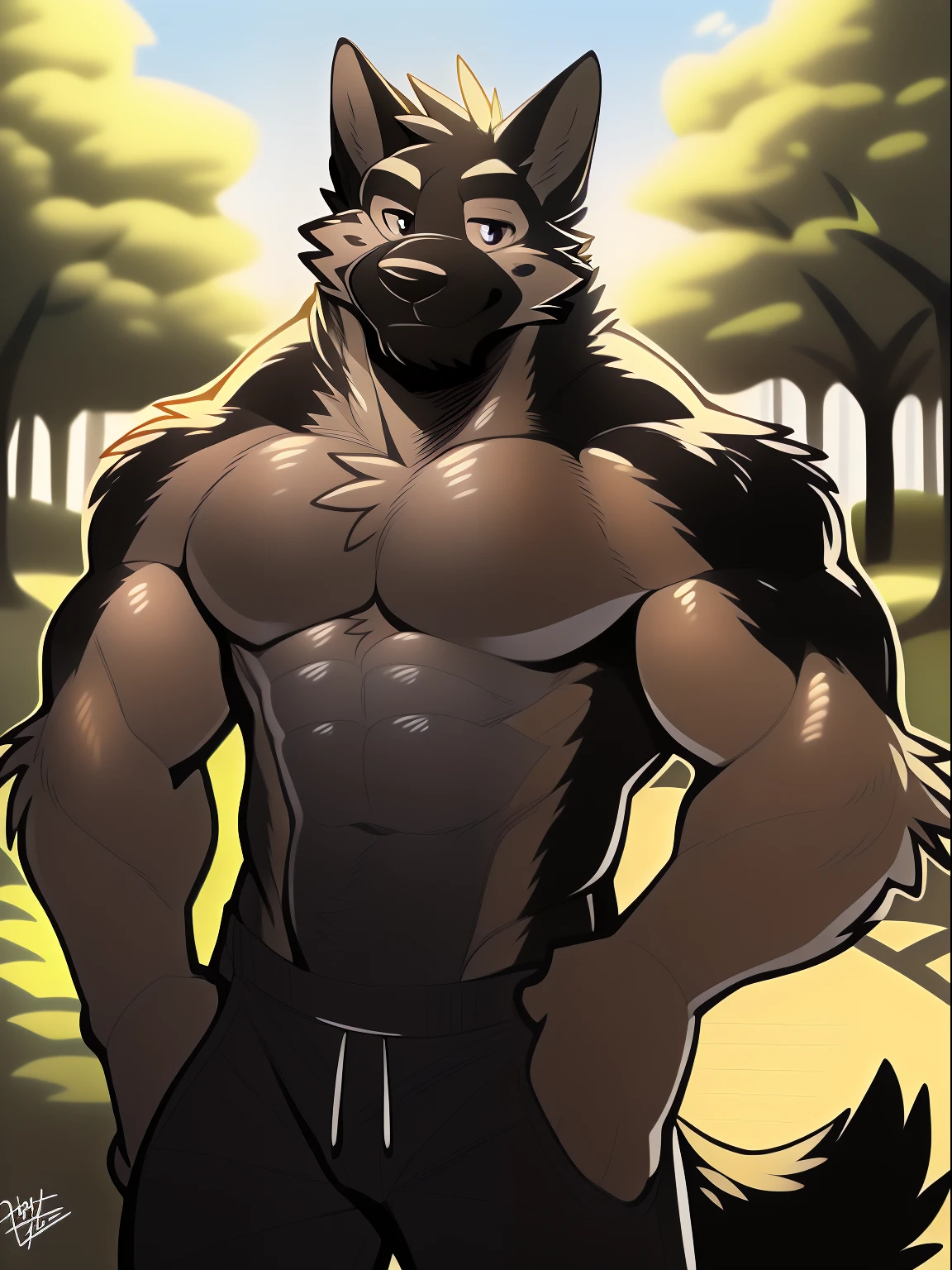 author: Takemoto Arashi, (1 boy), One, Men's Antro, Pubraseer, Furry German shepherd dog, Brown Furs, Two Toned Colors, Purple Detailed Eyes, Muscular body, handsome, good looking, Casual Set, Smirking, cool pose, Park Background.