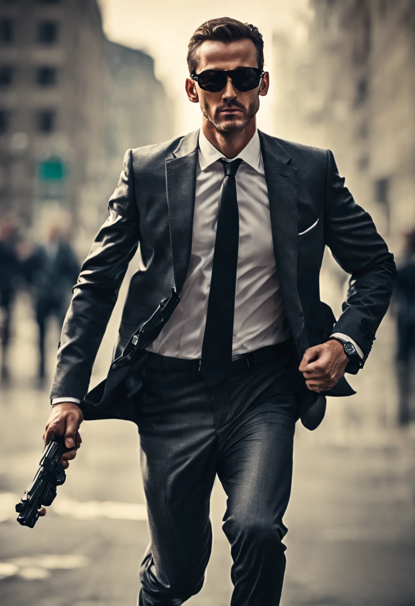 📷 A mysterious man in a sharp black suit, glimpsed through a telephoto lens from afar, evoking the intrigue of intelligence agents. Shot with a Nikon D850 and 600mm f/4 lens, using a narrow depth of field and moody lighting to add drama.