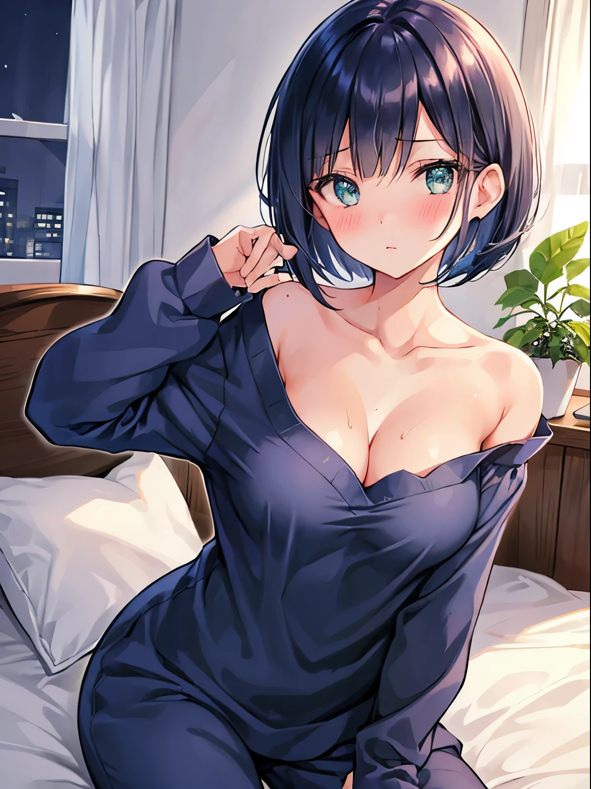 1girl in,Navy blue bob hair,Navy green eyes,Cute,blush, medium breasts, sweat, catch a cold, pajamas, bra is visible, in bed, night