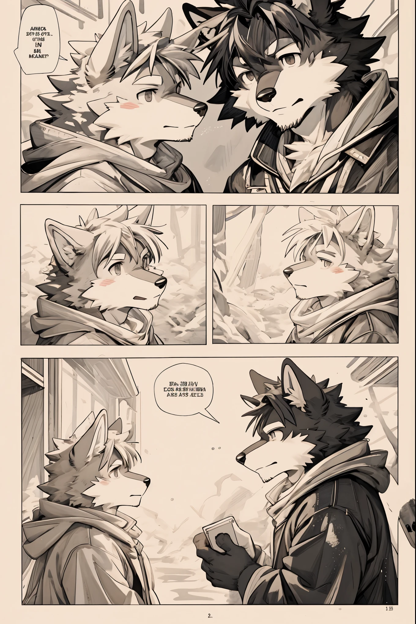 top quality, best quality, highres, unparalleled masterpiece, perfect artwork, paid reward available, indoor, couple of comics(super cute 1girl, 1wolf, kemono, furry anthro)tumblr, sosaku hanga, black and white manga page, manga page, doujin, ddlc, anime, comedy comic, black and white manga panel, zerochan,