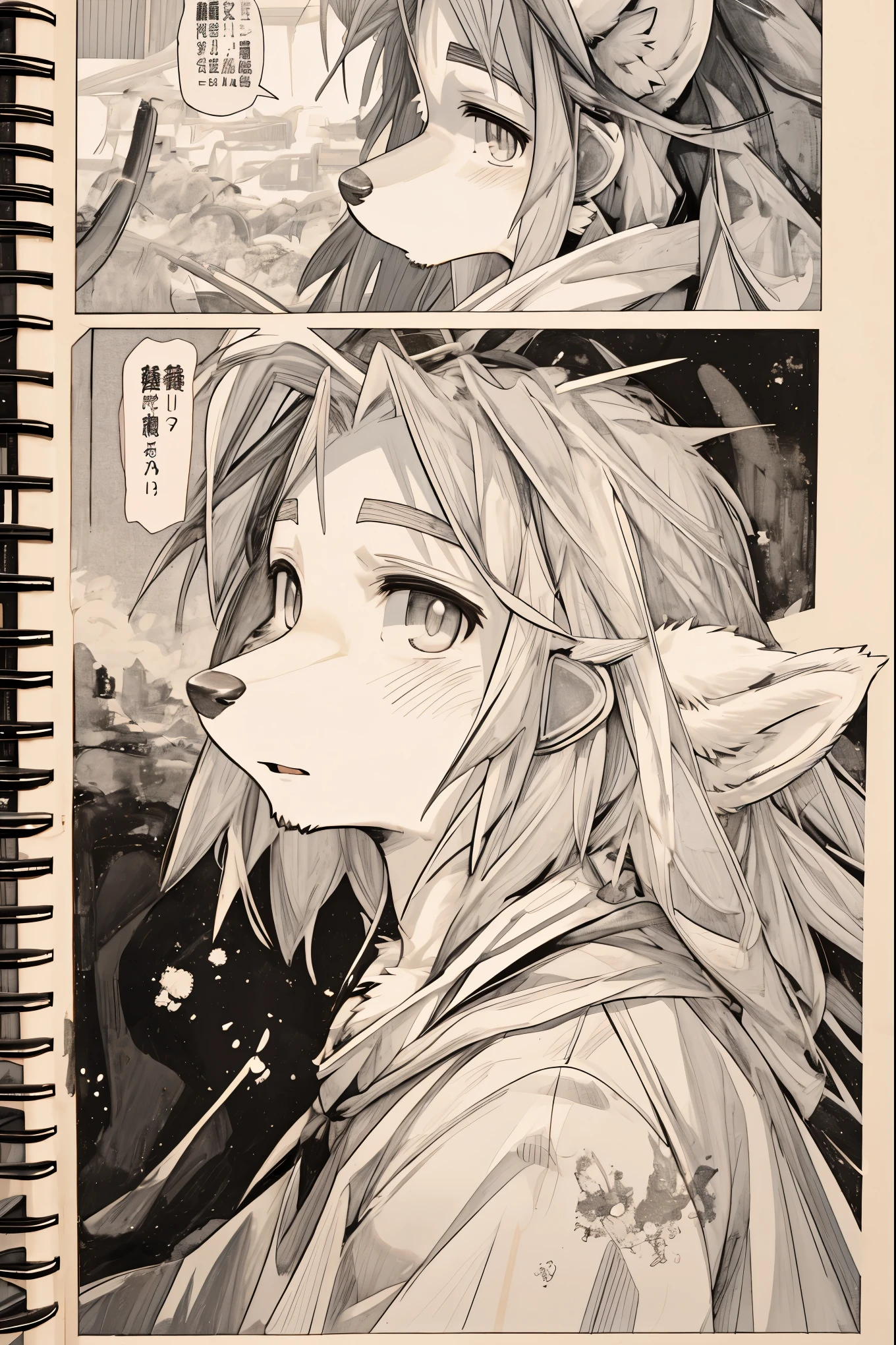 top quality, best quality, highres, unparalleled masterpiece, perfect artwork, paid reward available, indoor, couple of comics(super cute 1girl, 1wolf, kemono, furry anthro)tumblr, sosaku hanga, black and white manga page, manga page, doujin, ddlc, anime, comedy comic, black and white manga panel, zerochan,