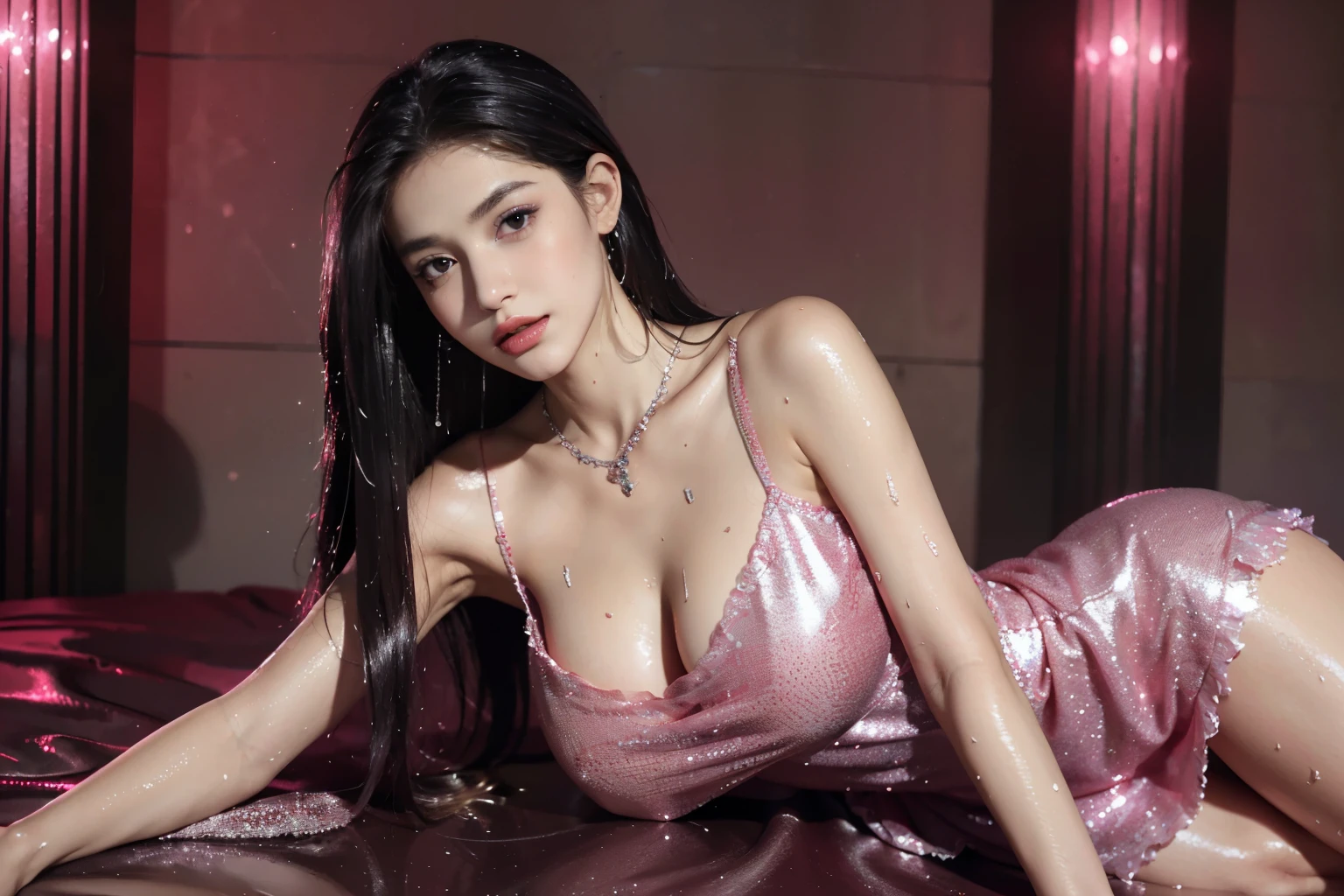 8K, ultra hd, masterpiece, 1 girl, good face, long hair, detailed eyes, glossy lip, ((huge segging breast)), princess dress, pink dress, strap dress, bare waist, lace, necklace, jewellery, night view, sitting,, ((sweating profusely with wet body)), (((shiny skin, shiny clothes, shiny hair))),