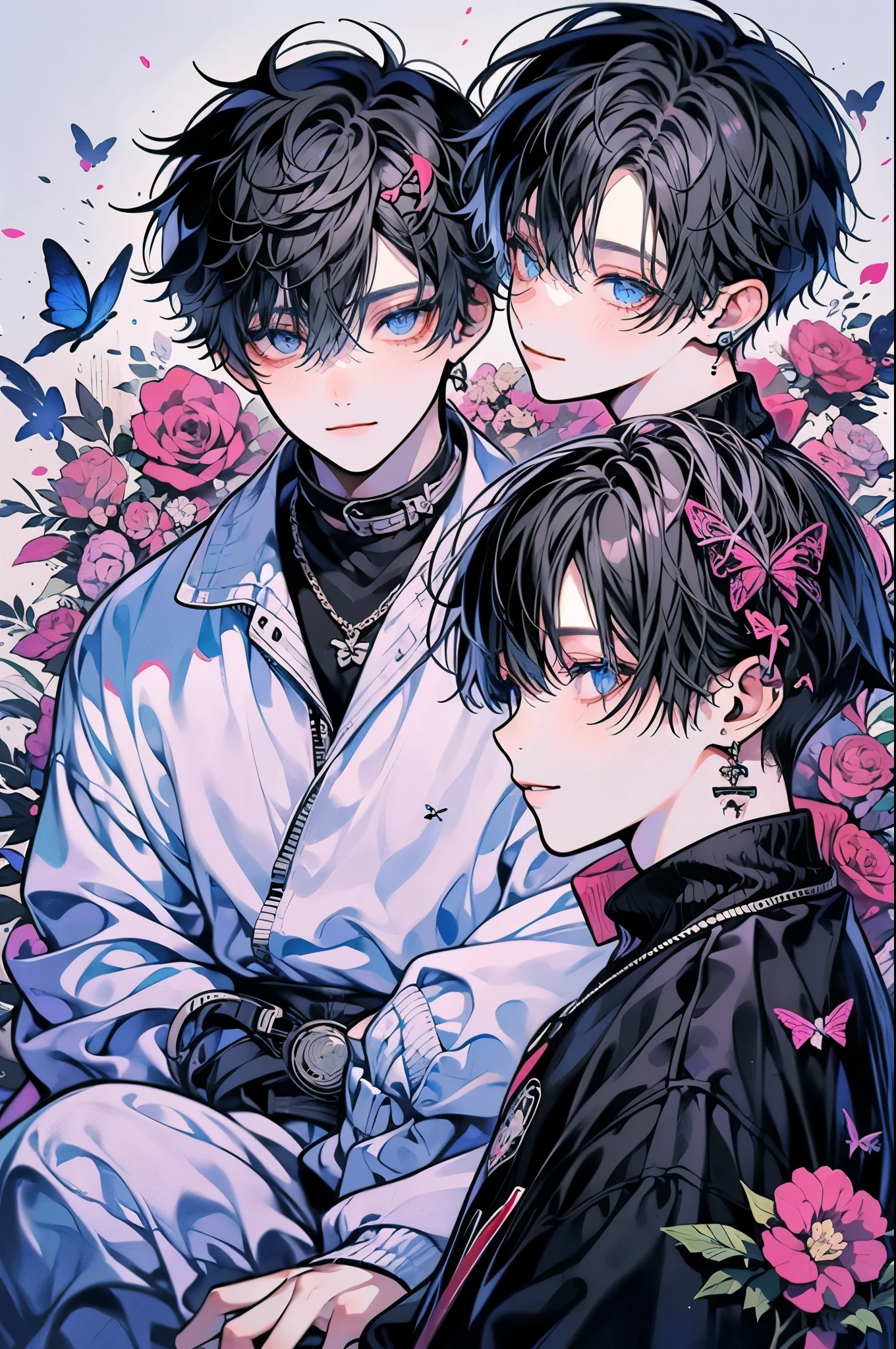 (muste piece), (highest quality), very detailed, (two boys:1.4), concentrated,perfect face, beautiful face, very detailed顔,(blue eyes:1.3),flower,butterfly々,flowerびら,Light,(smile:1.3),(white haired boy:1.4),(black haired boy:1.4)