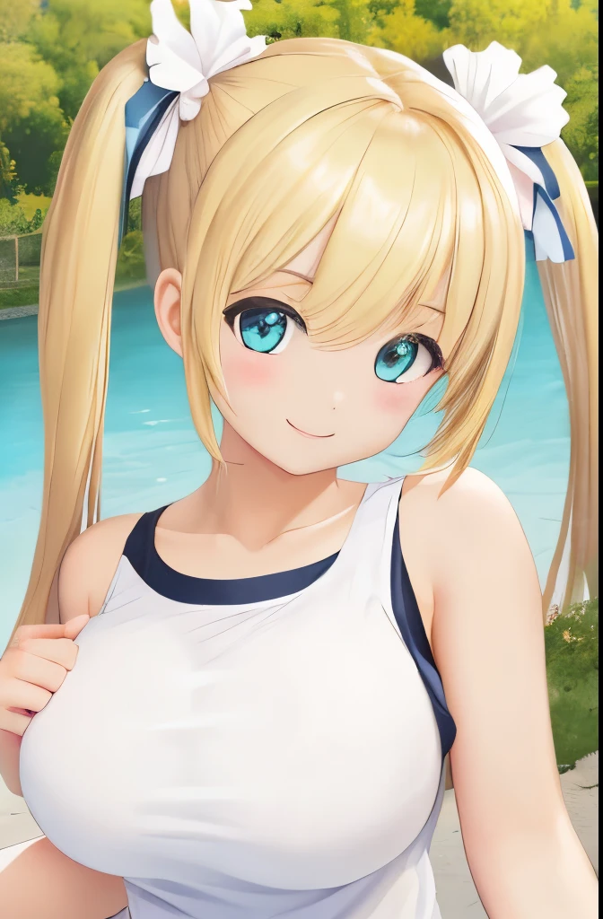 masterpiece, (highest quality:1.4), be familiar with, girl, (alone), (blonde:1.5), (Medium hair with twin tails:1.3), (side lock:1.1), (bangs:1.1), (big breasts:1.3), ribbon, (aqua eye:1.2), (smile:1.2), flowers on the head, Upper body, (Tank top:1.0), (hot Tank top:1.2), (looking at the viewer:1.2), sexy, be familiar with eyes, be familiar with hair, High resolution, outdoors, null, (lit:1.2), advanced details、look at the viewer、positive、smile at the viewer、
