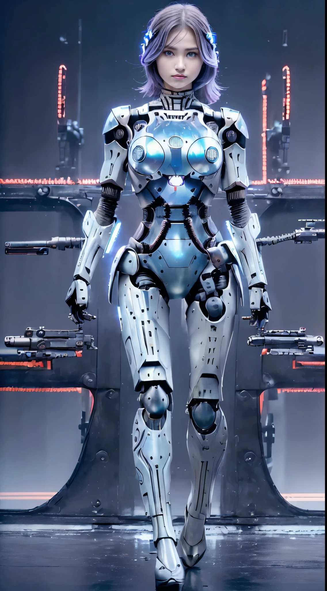 best ever、8k,(((Full body Esbian)))、(((plump breasts:1.3)))、(((luster)))、(((Metal)))、(((とてもlusterのある、Very hard armor:1.3)))、(((cyber punk)))、The cute beauty of the mecha、(highest quality, Detailed details, table top, chiaroscuro，big breasts、The bust photo is super realistic, Highly detailed Nikon videography:1.3)、beautiful navel、Human skin type、（(very photorealistic person))、(round eyes)、The detail of the iris of the pupil is amazing、precise fingers、故障のない手feet、(((Caucasian 21 years old, woman)))、((Very fair skin))、natureに閉じた口、natureな乳輪、nature 、staring eyes、natureな体、、womanらしい顔立ち、womanらしい体、(With a round face)、small face、soft cheeks、looking at camera、Full body Esbian、Human skin type、（(very photorealistic person))、(round eyes)、The detail of the iris of the pupil is amazing、故障のない手feet、natureに閉じた口、natureな乳輪、nature 、staring eyes、natureな体、womanらしい顔立ち、womanらしい体、With a round face、small face、soft cheeks、looking at camera、Full body Esbian、balanced face、drooling eyes、(that&#39;Not eyes that will blind you.)、Body with human-like proportions、(((slightly longer arms)))、(fairly long torso)、(((slightly larger hands)))、human face、(((Shining blue light blue silver hair)))、(((cool and cute short hair)))、(((The background is the future)))、(((8 heads and bodies)))、(((purple eyes)))、(((thin, thin silver eyebrows)))、(((thin eyebrows)))、Gentle double eyelids、(((kind face)))、(((Background Mecha)))、blade runner、(((Possession of a machine gun:1.5)))、(((Machine gun firing:1.4)))、(((Hold a machine gun:1.6)))、(((womanロボコップ:1.3)))、ghost in the shell、tron、space detective gavan、knock、police officer、(((night background)))、(((no makeup)))、(((Hollywood science fiction movie quality)))、(((New York in 5000 AD)))、((teal and orange))、height: 164cm、Leg length 80cm、Head length is 21cm、,very subtlyＸfeet、(((attack posture:1.9)))、(((激しいattack posture:1.9)))、(((Raise your right arm:1.9)))、(((A large amount of red light rays from the glowing chest:1.9)))、(((being destroyed:1.9)))