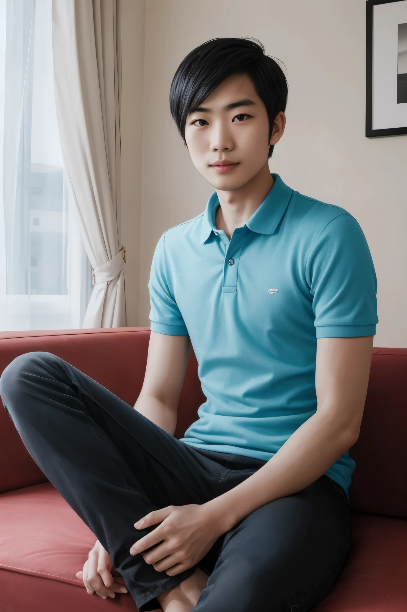 Realistic , A 25 year old Thai man sits on a sofa in the living room backdrop.
