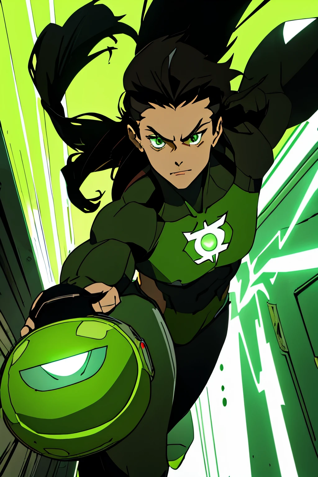1 girl , black hair, very long hair , green eyes , green-lantern suit , hovering in mid hair , 