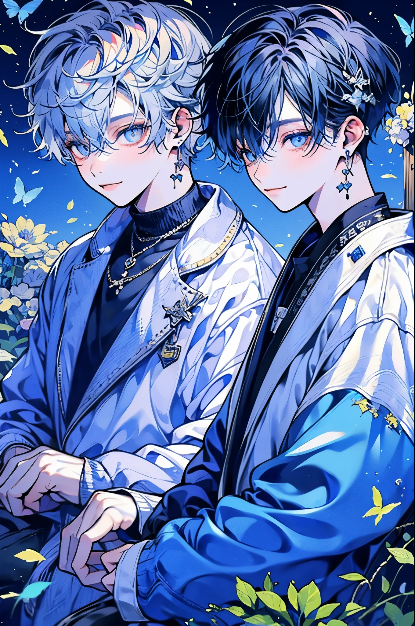 (muste piece), (highest quality), very detailed, (two boys:1.4), concentrated,perfect face, beautiful face, very detailed顔,(blue eyes:1.3),flower,butterfly々,flowerびら,Light,(smile:1.3),(Blue-haired boy:1.4),(white haired boy:1.4)