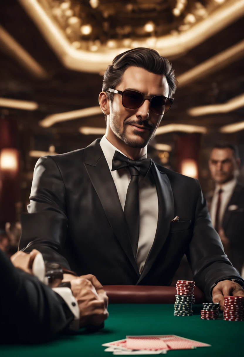 A photo-realistic 3D render of an elegant secret agent at a classy casino, playing poker, sharp suit, enigmatic smile, a hidden earpiece visible, tension palpable, surrounded by suspicious characters, Canon EOS R8, Wide angle lens