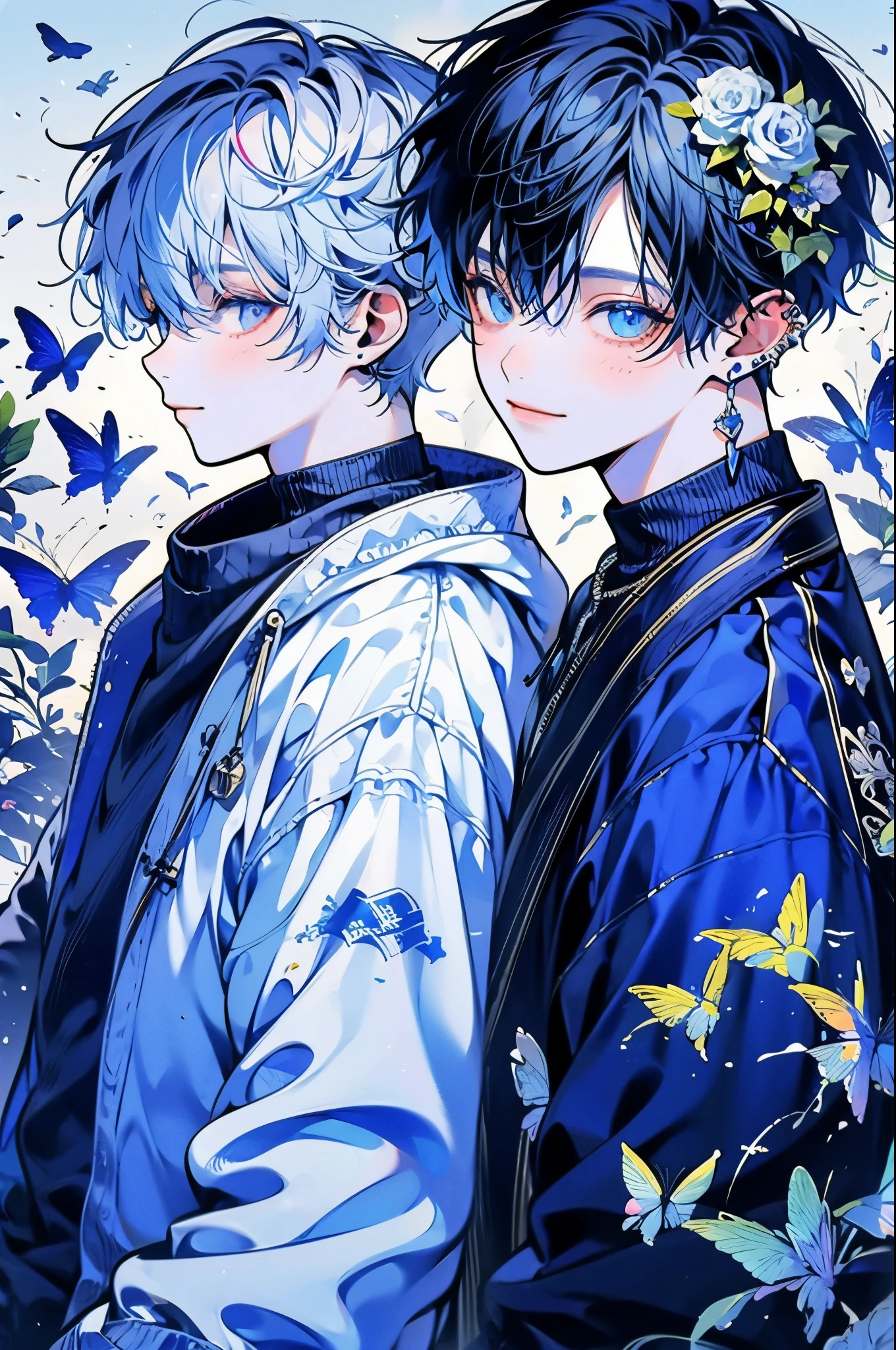 (muste piece), (highest quality), very detailed, (two boys:1.4), concentrated，perfect face, beautiful face, very detailed顔，(blue eyes:1.3)，flower，butterfly々，flowerびら，Light，(smile:1.3)，(Blue-haired boy:1.4)，(white haired boy:1.4)